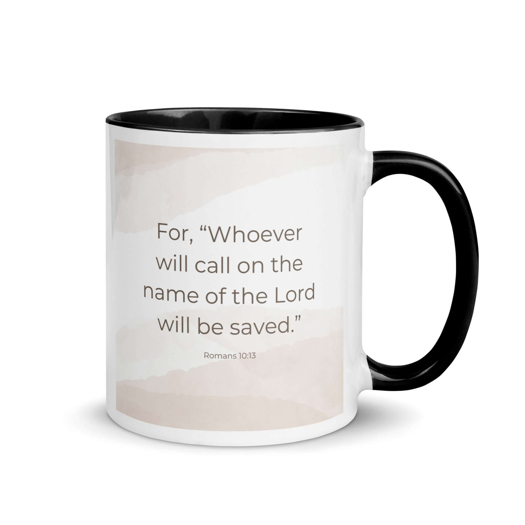 Romans 10:13 Bible Verse, the name White Ceramic Mug with Color Inside Black 11 oz