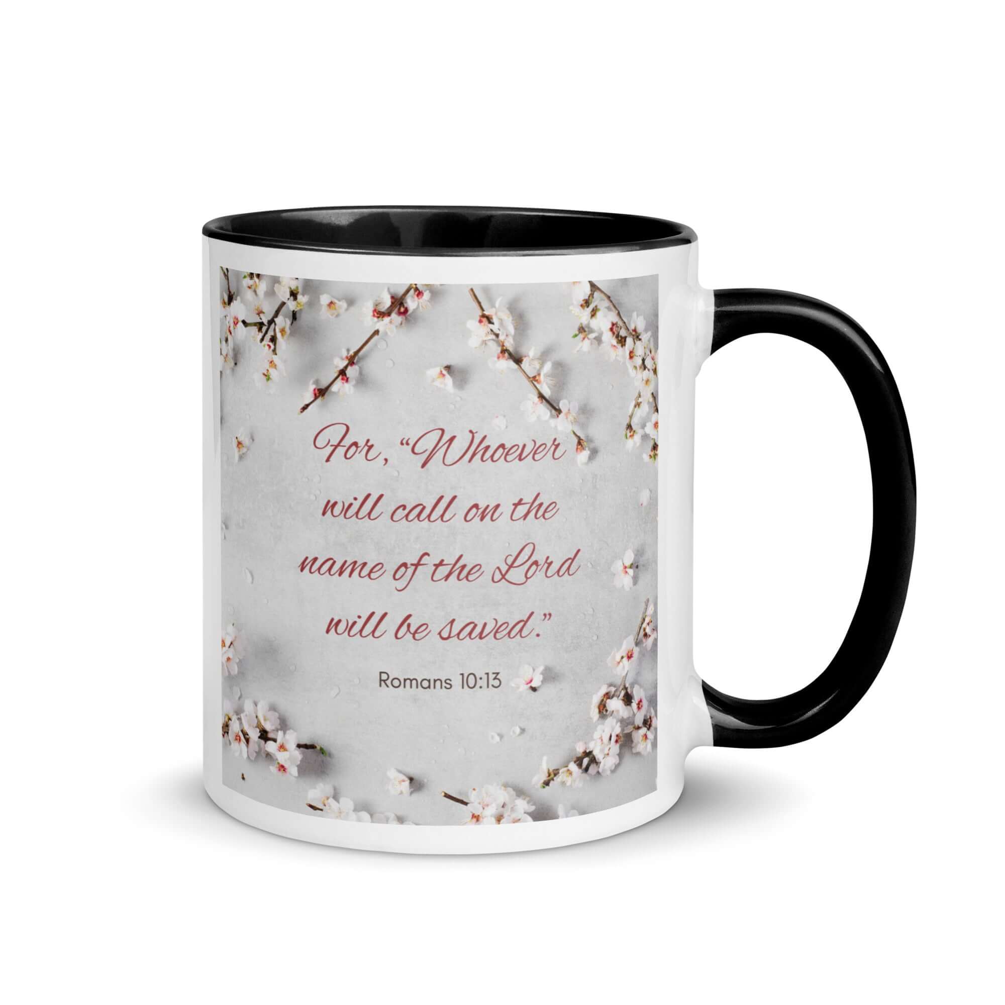 Romans 10:13 Bible Verse, the Lord White Ceramic Mug with Color Inside Black 11 oz