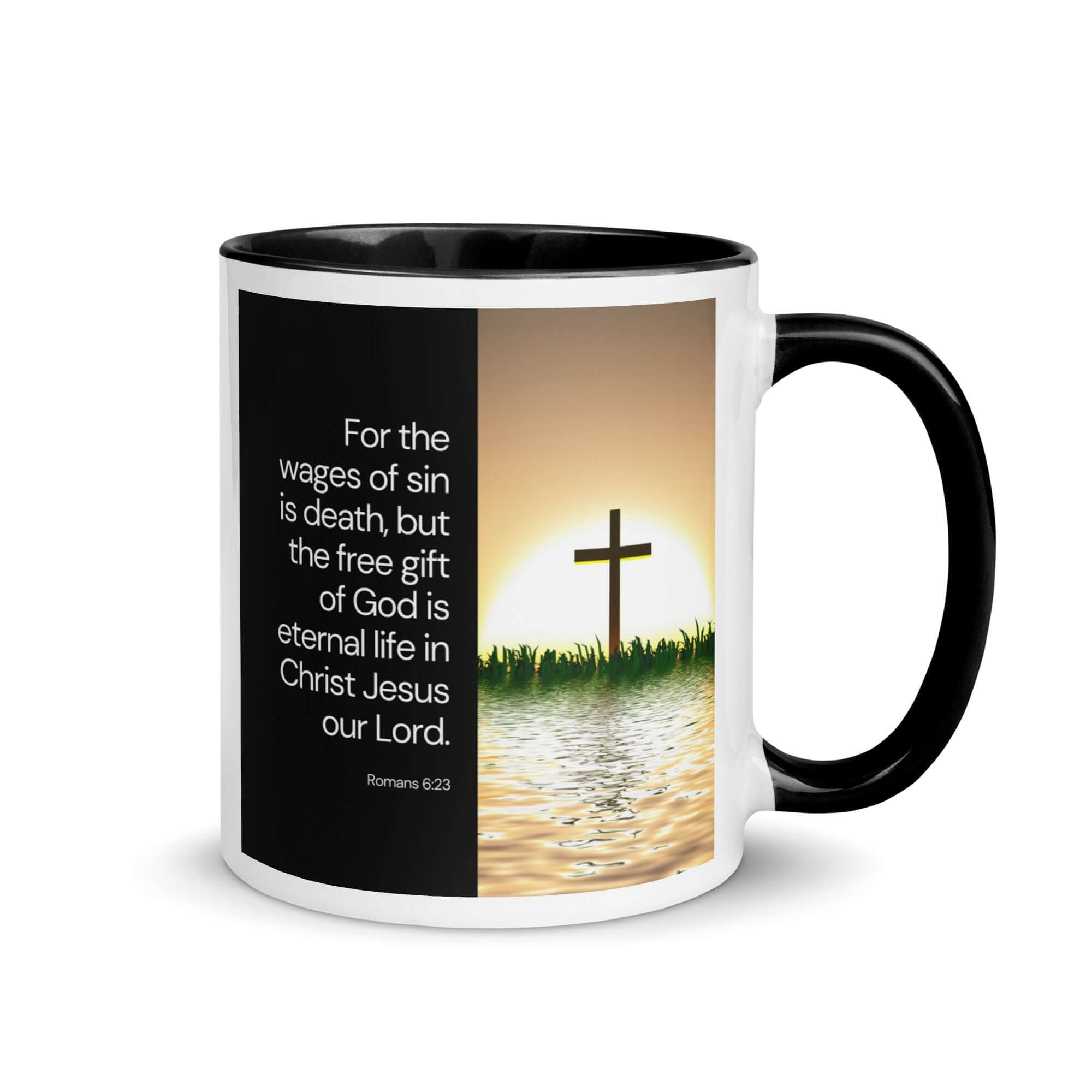 Romans 6:23 Bible Verse, the wages White Ceramic Mug with Color Inside Black 11 oz