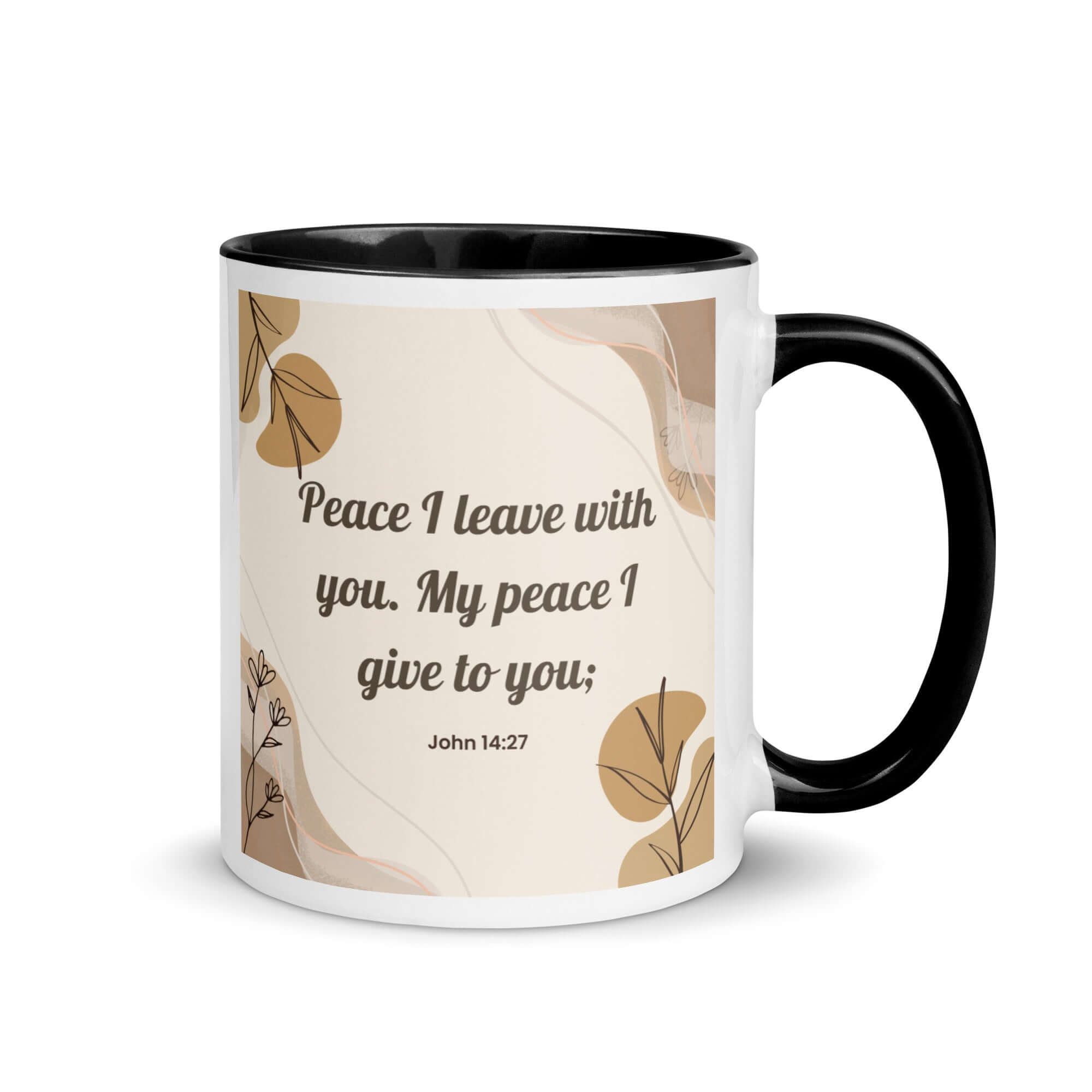 John 14:27 Bible Verse, Peace I White Ceramic Mug with Color Inside Black 11 oz
