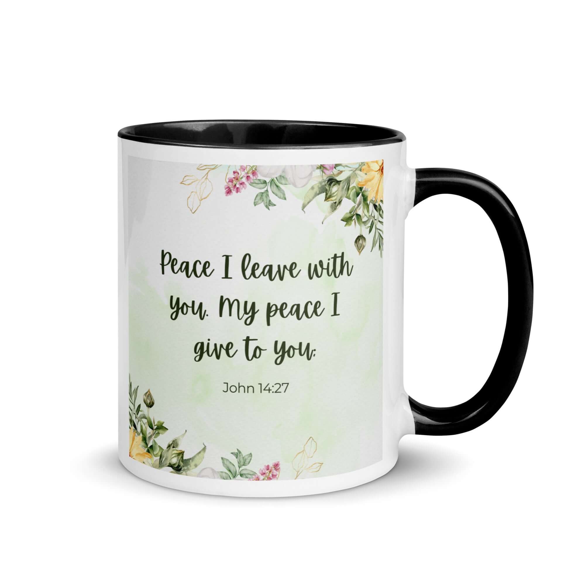 John 14:27 Bible Verse, My peace White Ceramic Mug with Color Inside Black 11 oz