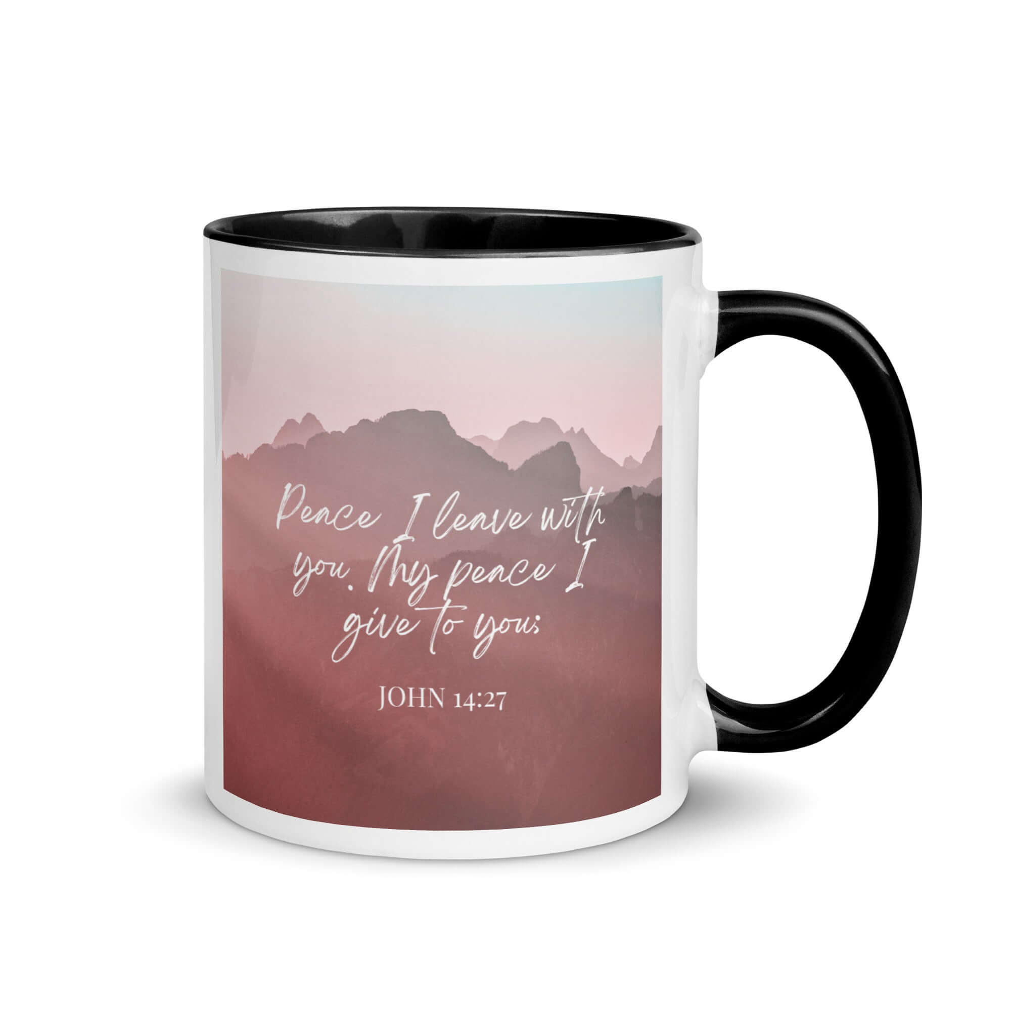 John 14:27 Bible Verse, I give you White Ceramic Mug with Color Inside Black 11 oz