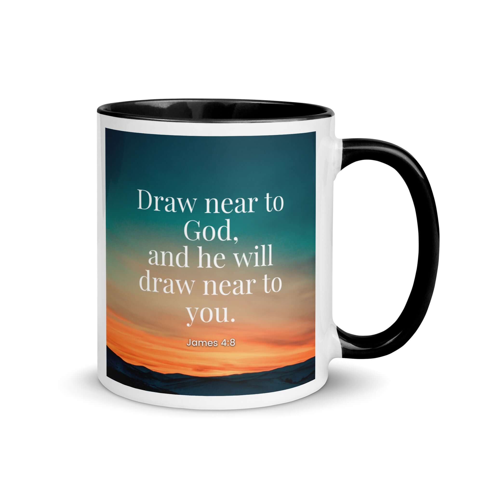 James 4:8 Bible Verse, near to God White Ceramic Mug with Color Inside Black 11 oz