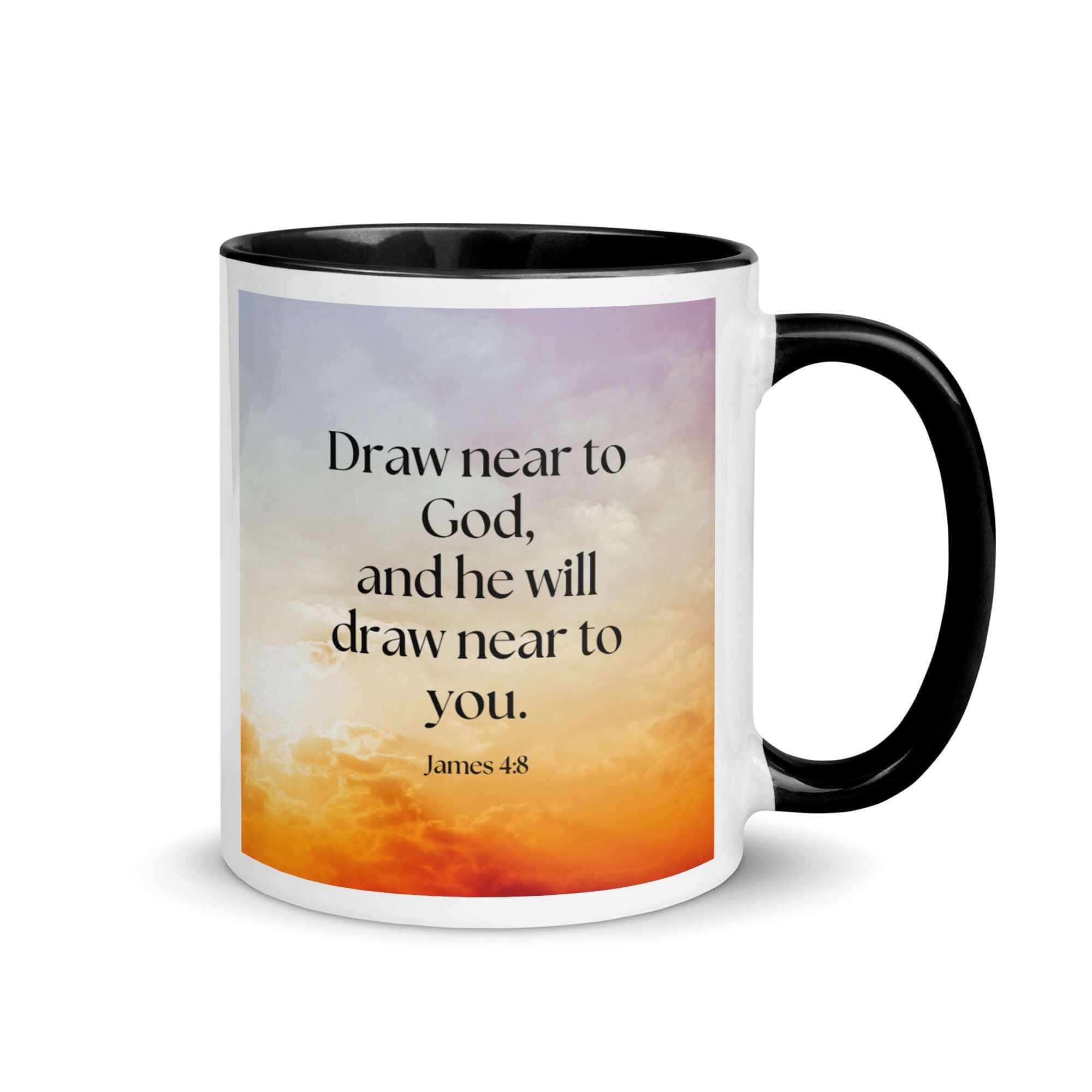 James 4:8 Bible Verse, he will draw White Ceramic Mug with Color Inside Black 11 oz