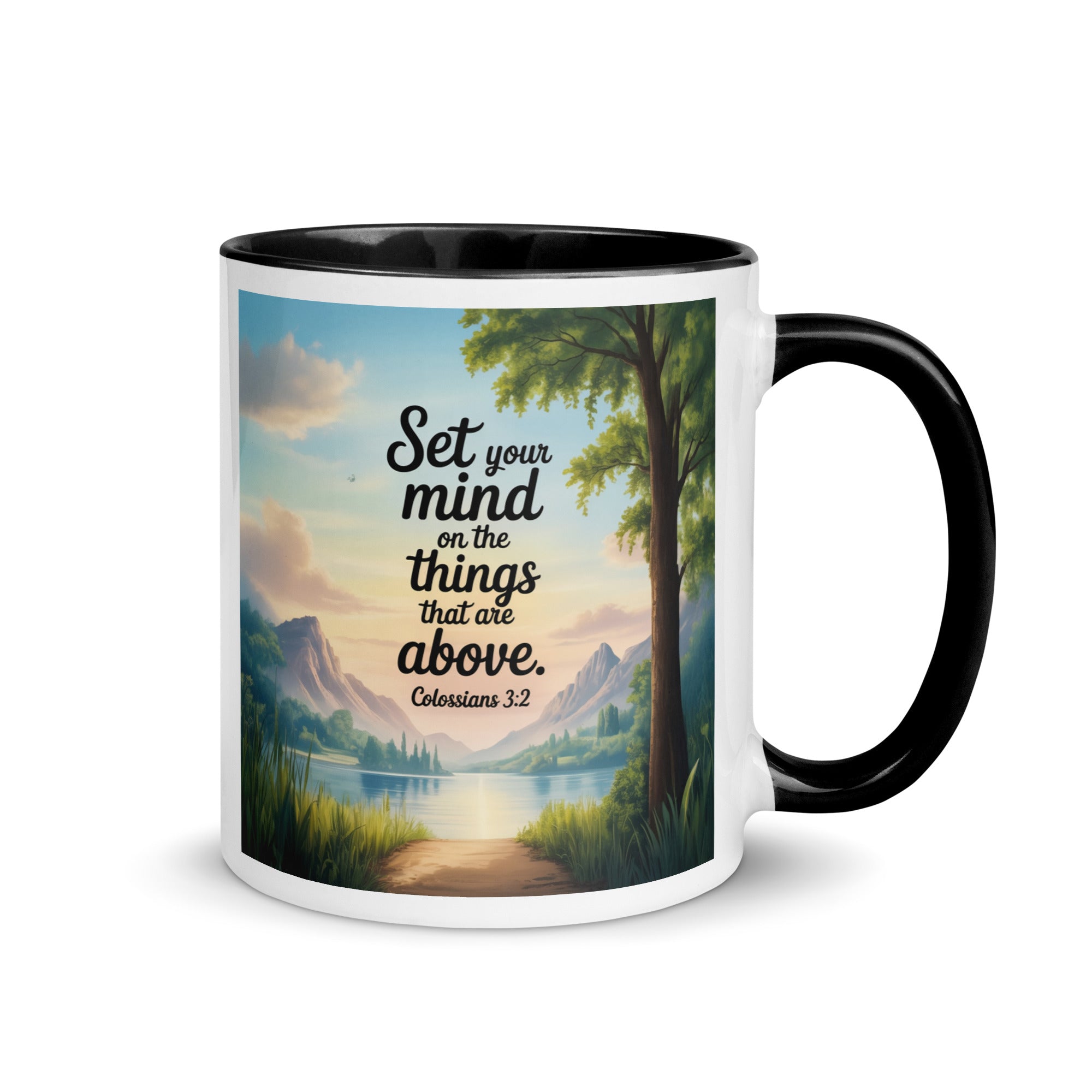Colossians 3:2 Bible Verse Set White Ceramic Mug with Color Inside Black 11 oz