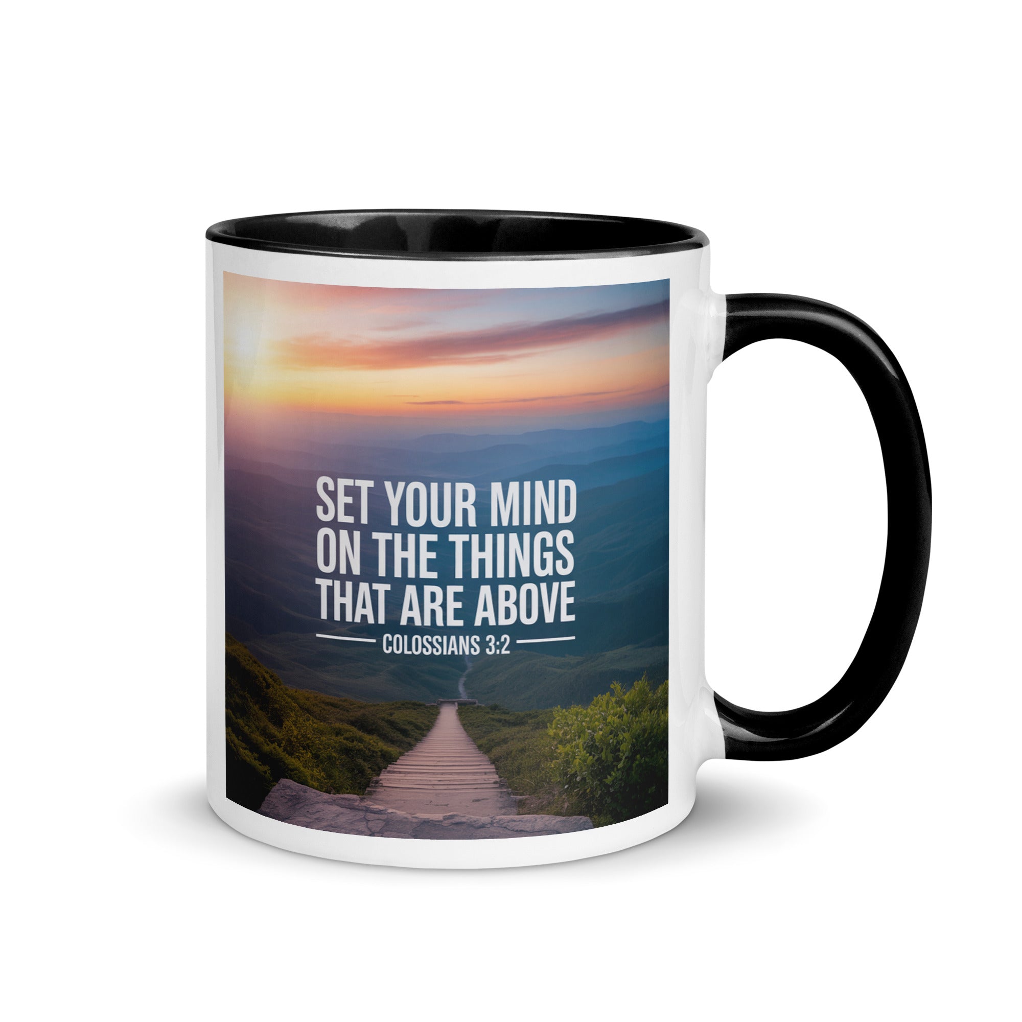 Colossians 3:2 Bible Verse your mind White Ceramic Mug with Color Inside Black 11 oz