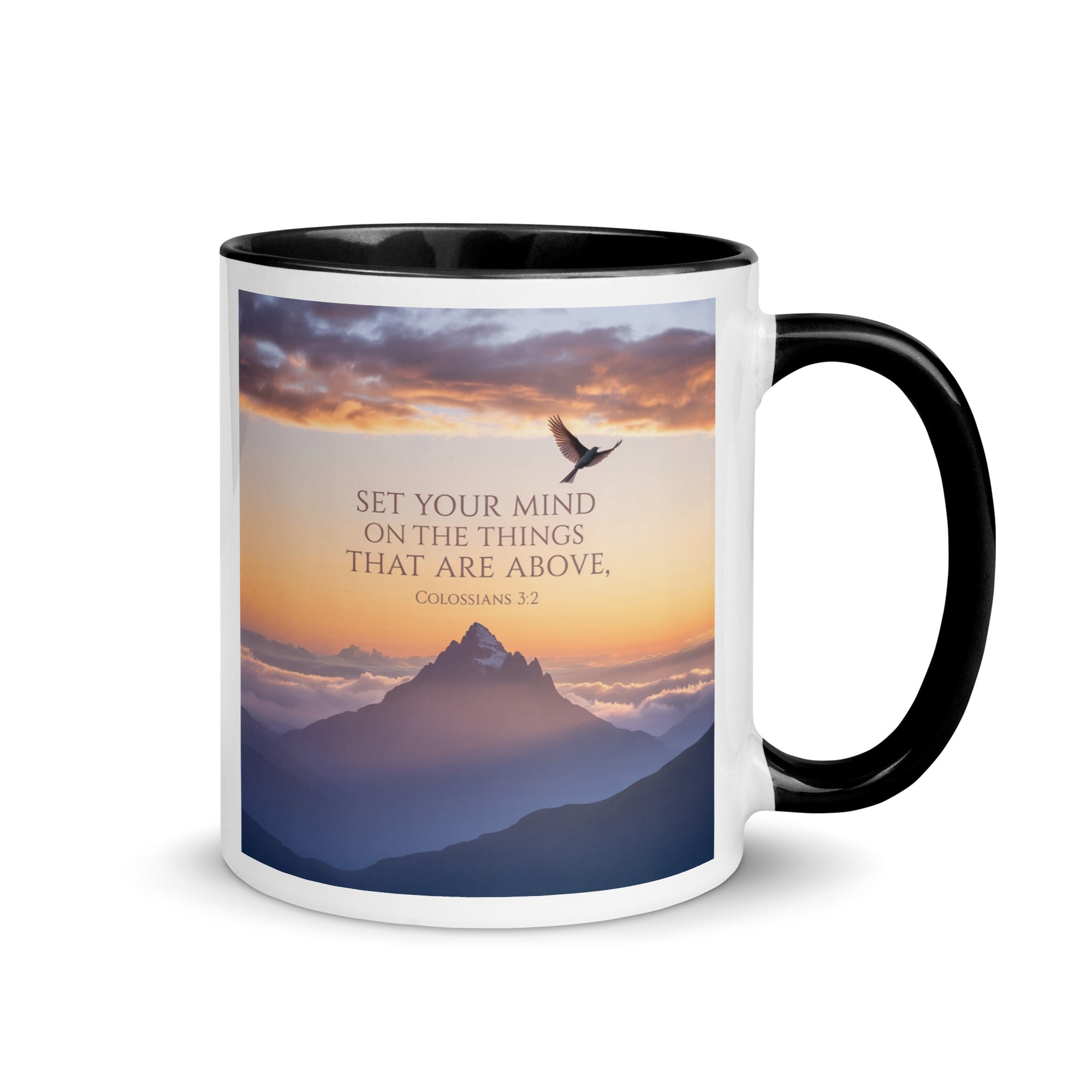 Colossians 3:2 Bible Verse are above White Ceramic Mug with Color Inside Black 11 oz