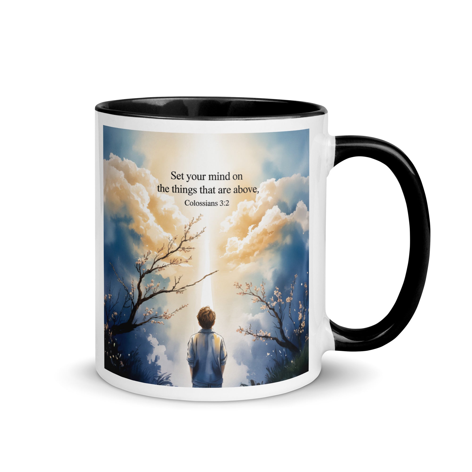 Colossians 3:2 Bible Verse the things White Ceramic Mug with Color Inside Black 11 oz