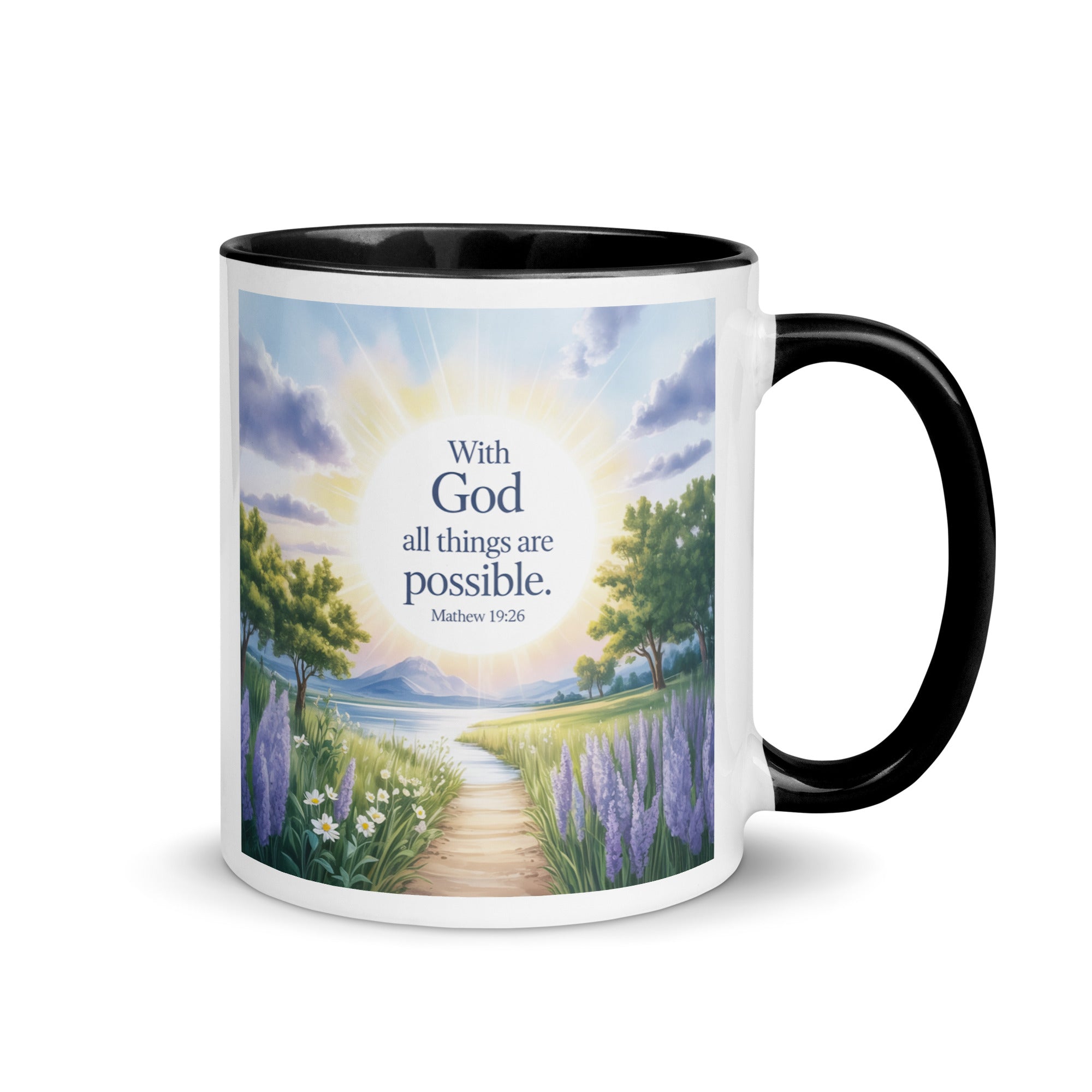 Matthew 19:26 Bible Verse Looking at White Ceramic Mug with Color Inside Black 11 oz