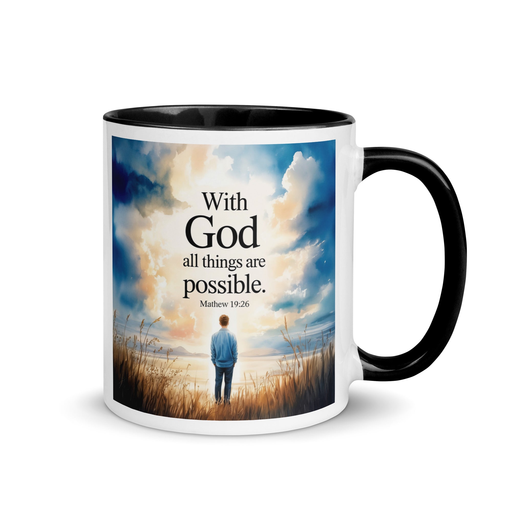 Matthew 19:26 Bible Verse Jesus White Ceramic Mug with Color Inside Black 11 oz