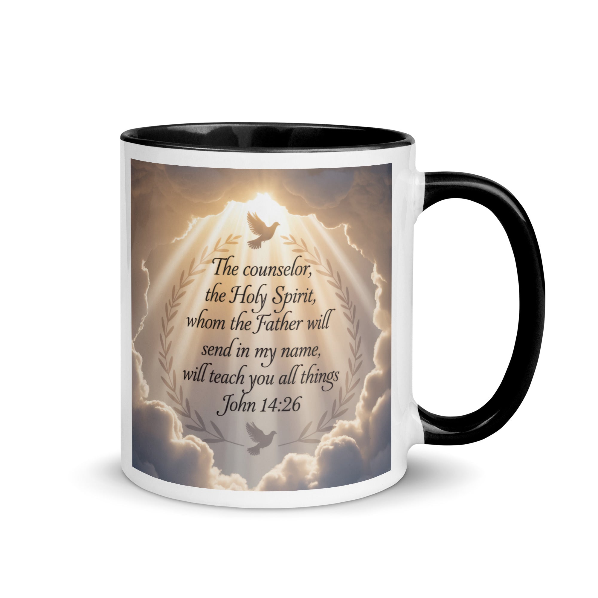 John 14:26 Bible Verse Counselor White Ceramic Mug with Color Inside Black 11 oz