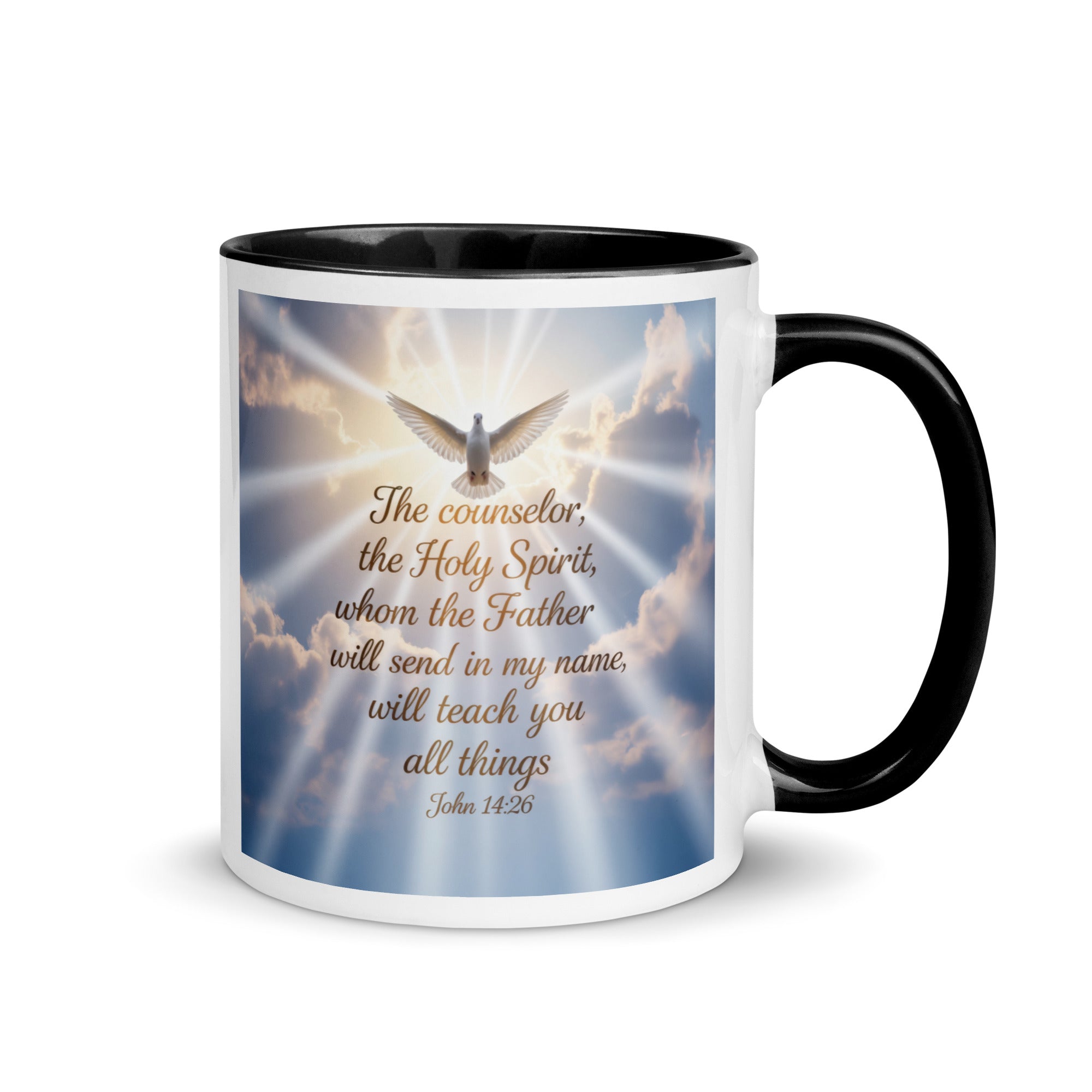 John 14:26 Bible Verse Father White Ceramic Mug with Color Inside Black 11 oz