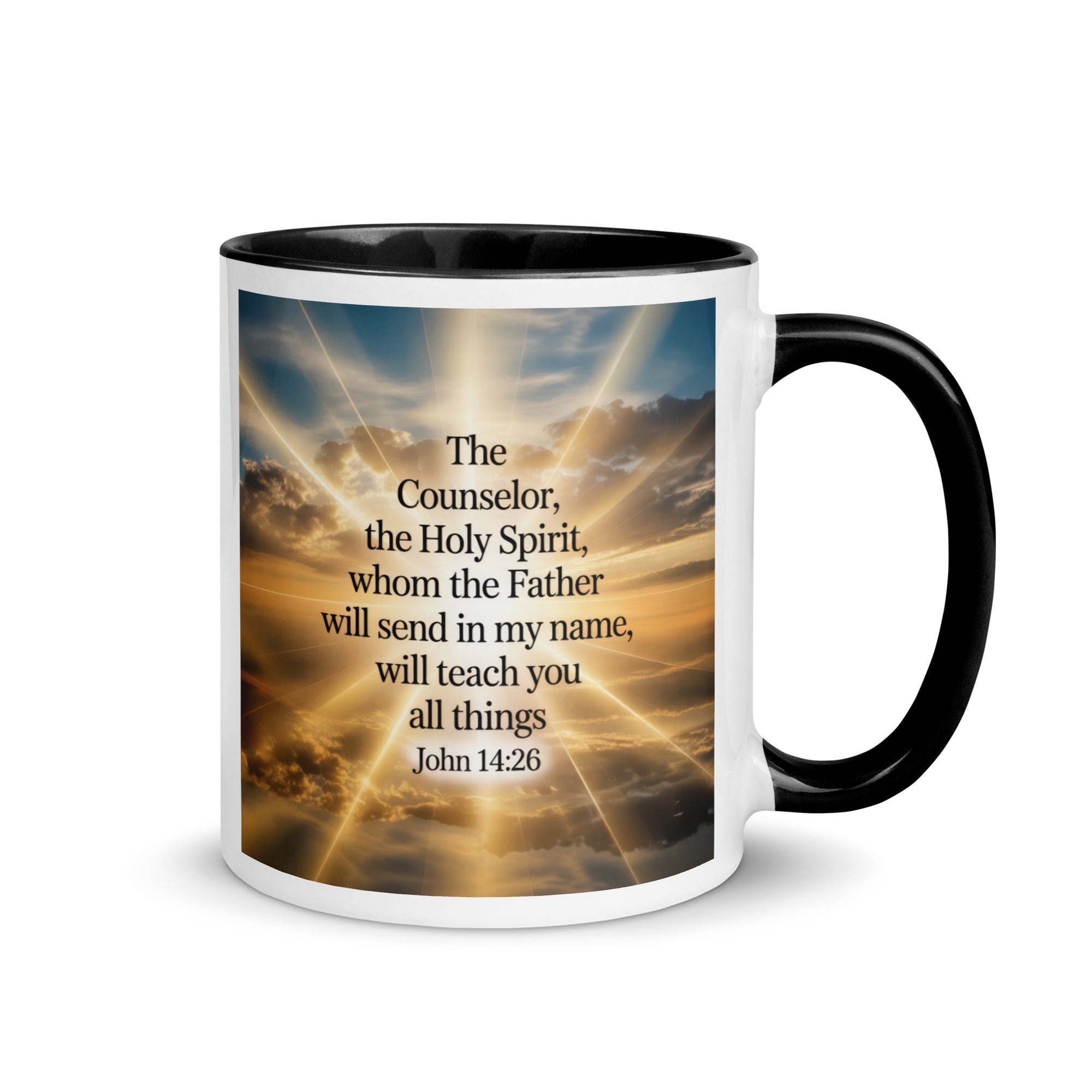 John 14:26 Bible Verse will send White Ceramic Mug with Color Inside Black 11 oz