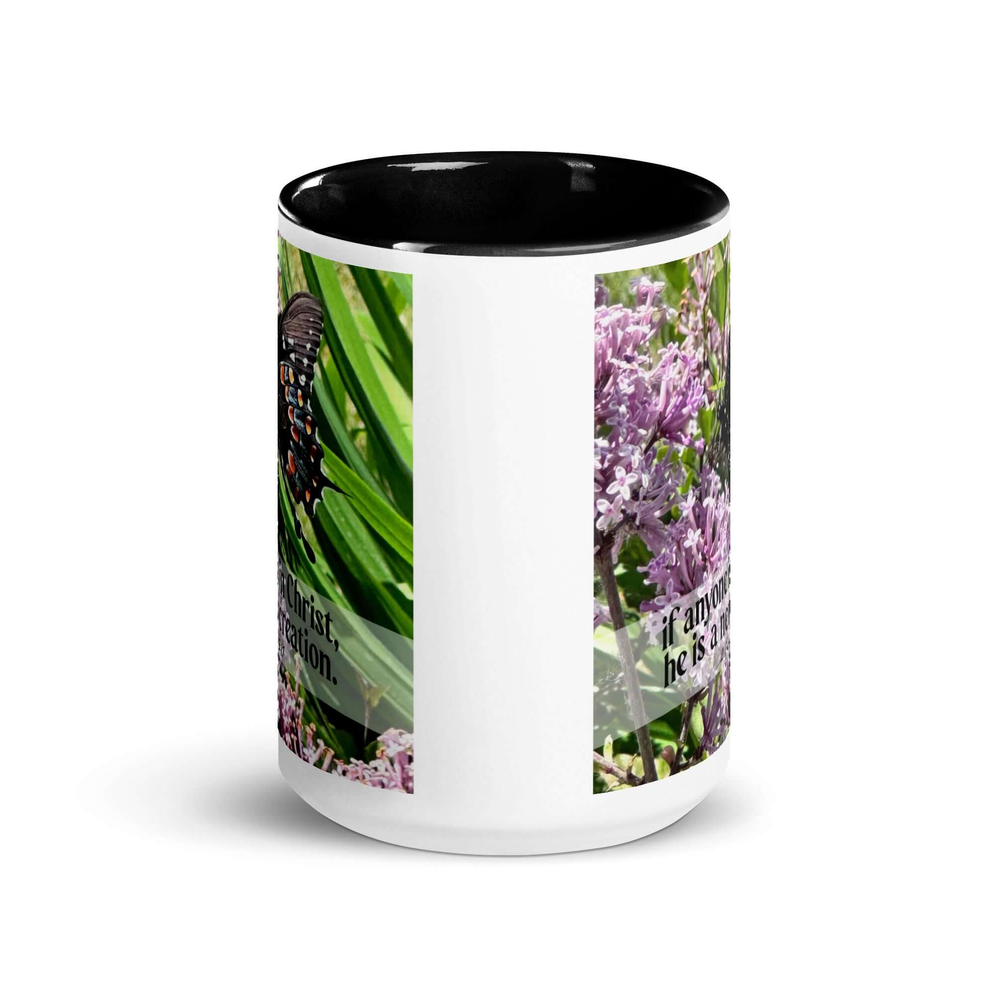 2 Corinthians 5:17 Bible Verse, Butterfly White Ceramic Mug with Color Inside