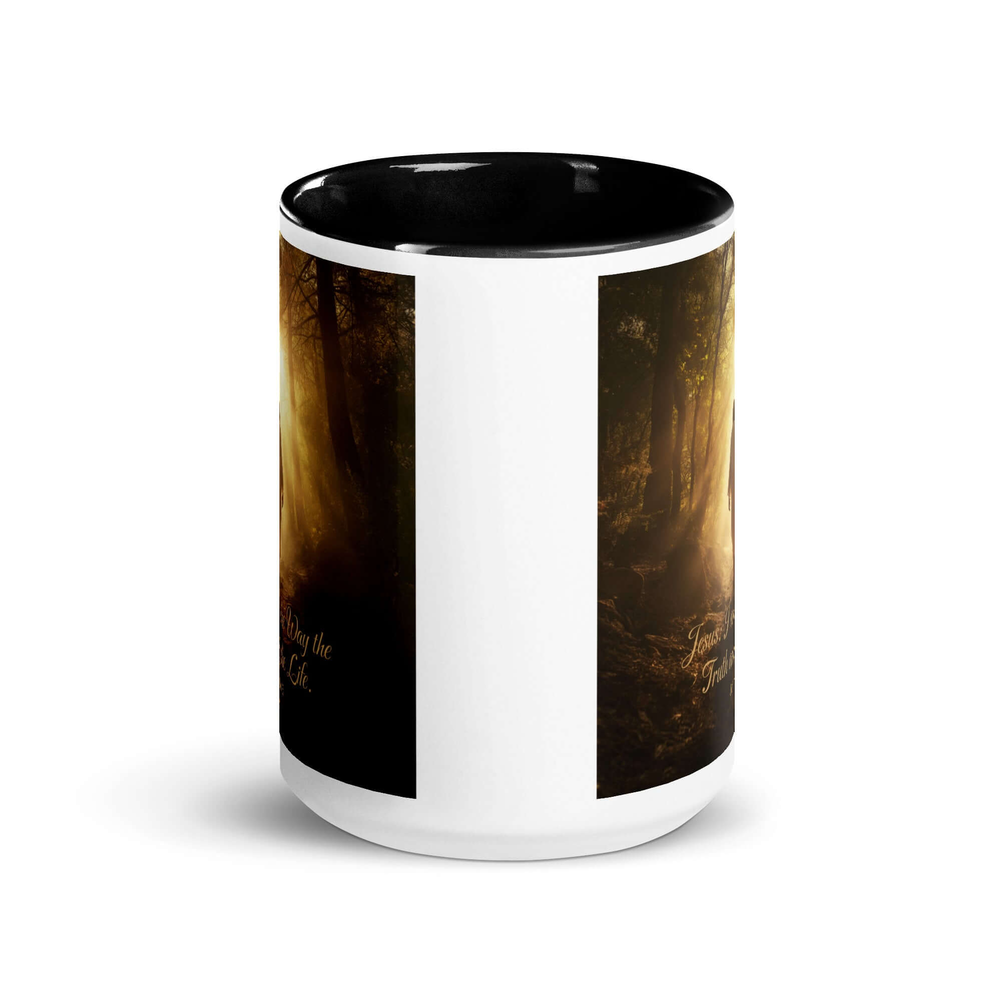 John 14:6 Bible Verse, Forest Image White Ceramic Mug with Color Inside