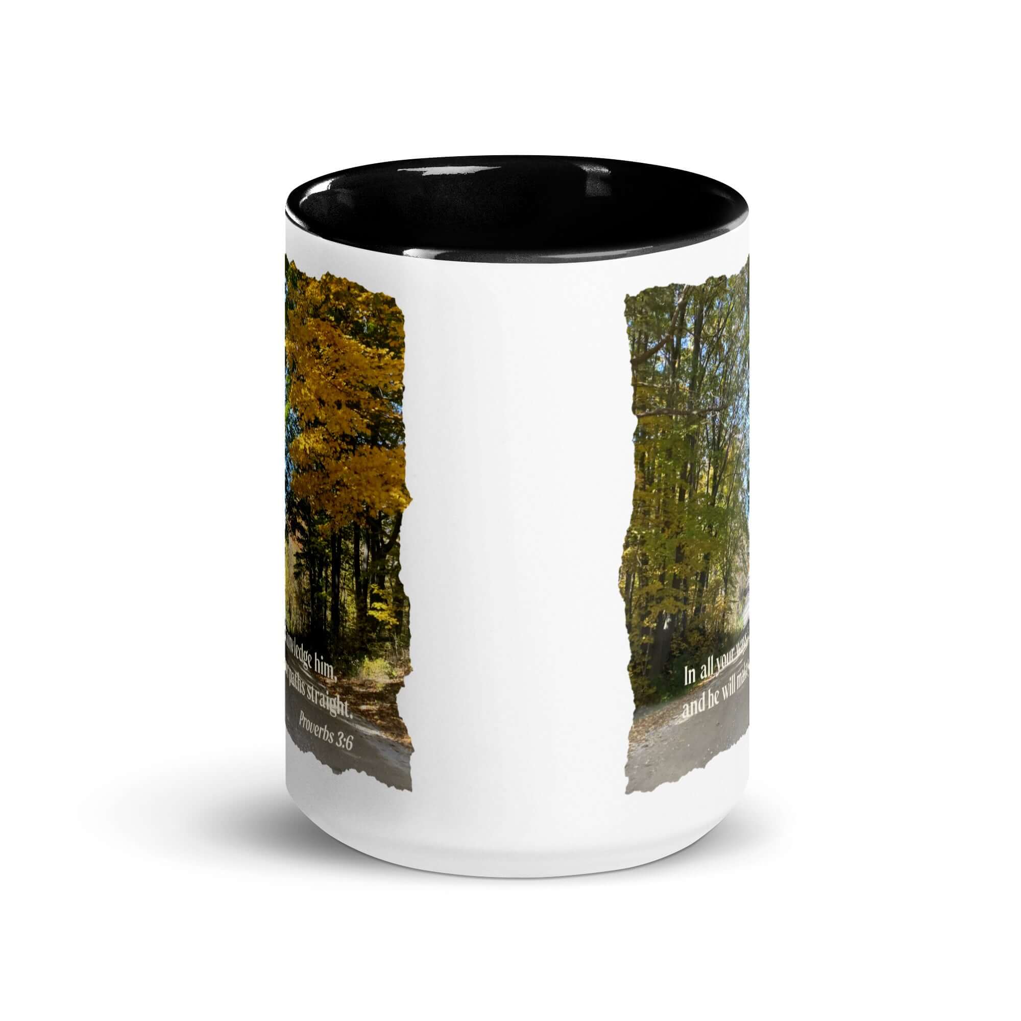 Proverbs 3:6 Bible Verse, Fall Road White Ceramic Mug with Color Inside