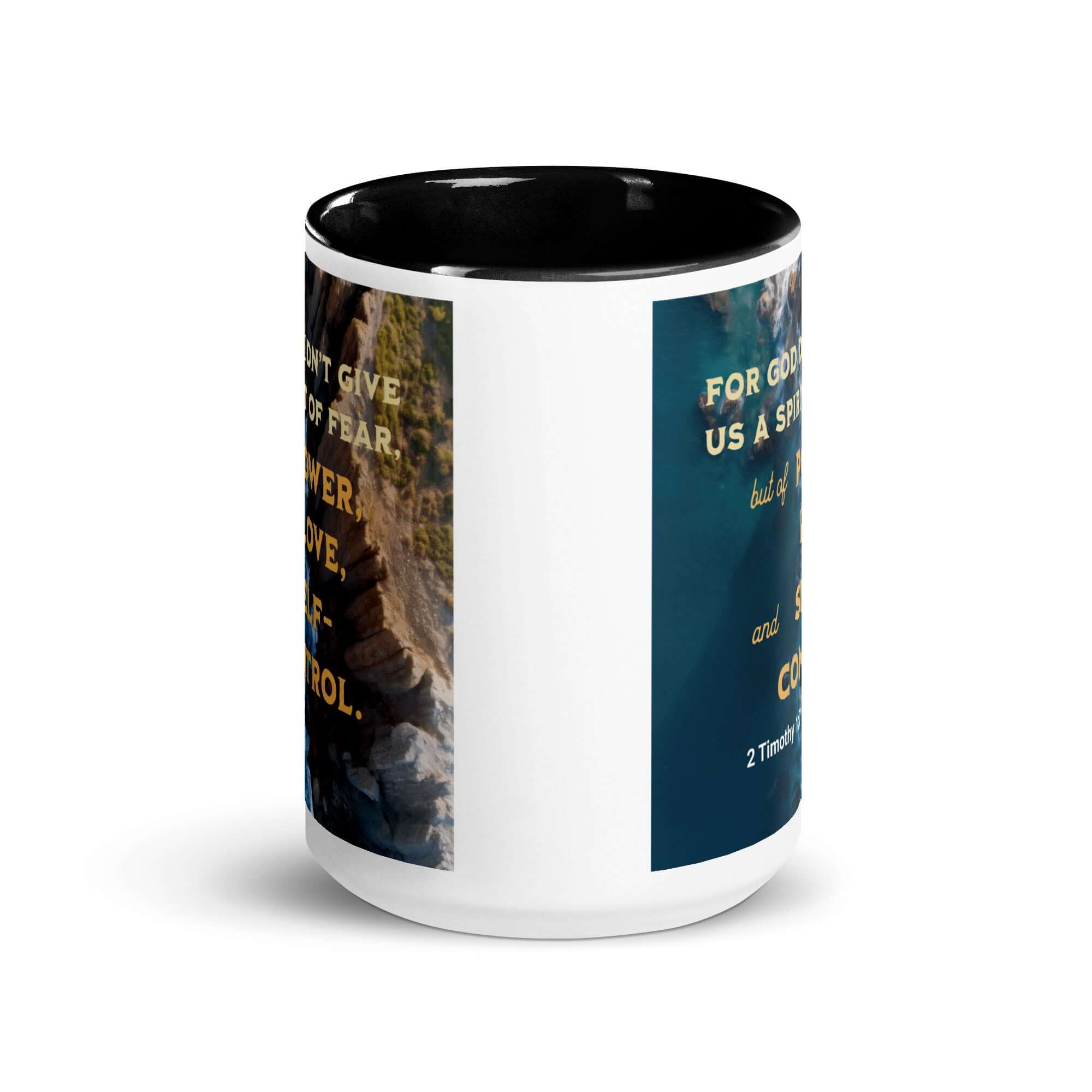 2 Timothy 1:7 Bible Verse, Power, Love, Self-Control White Ceramic Mug with Color Inside