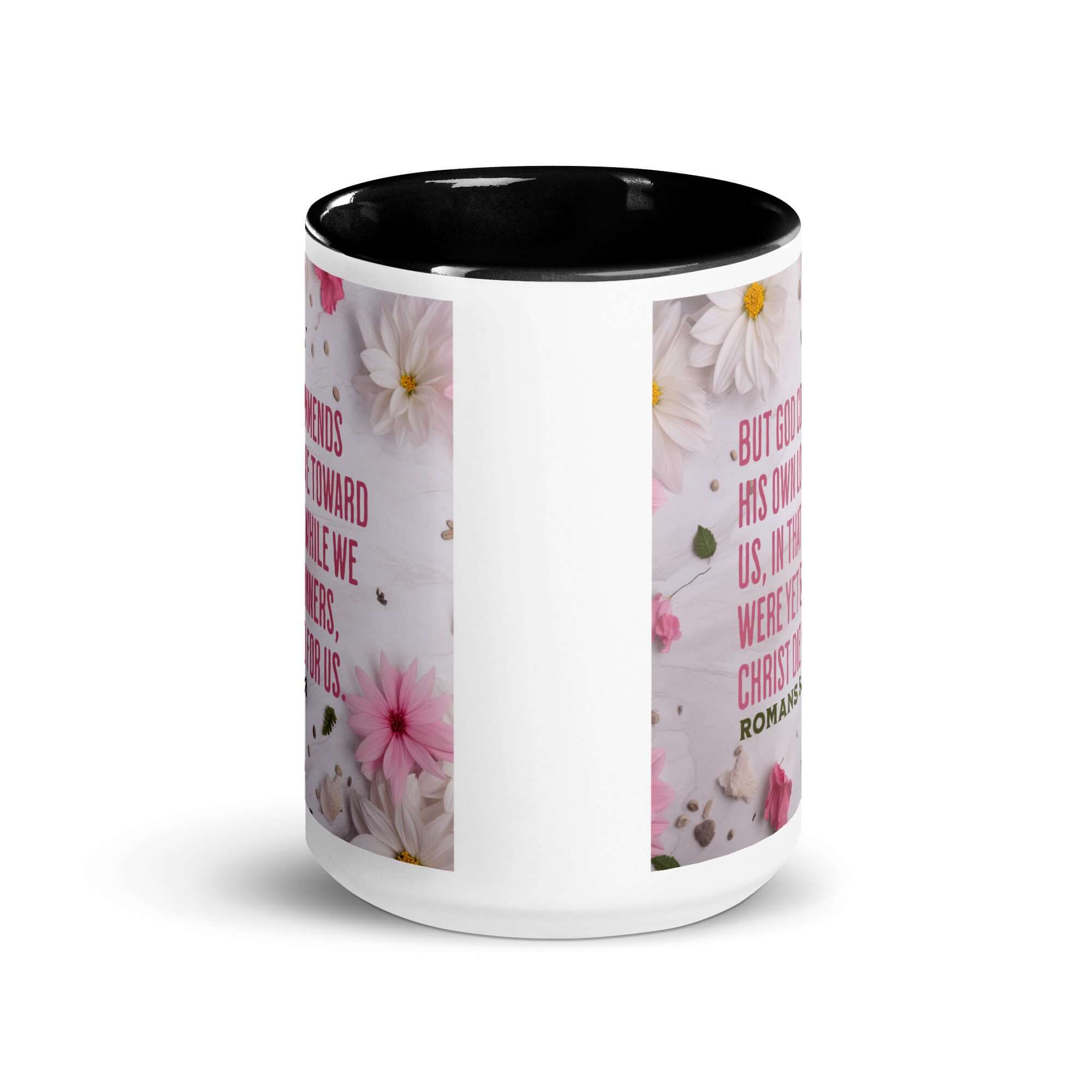 Romans 5:8 Bible Verse, Christ Died for Us White Ceramic Mug with Color Inside
