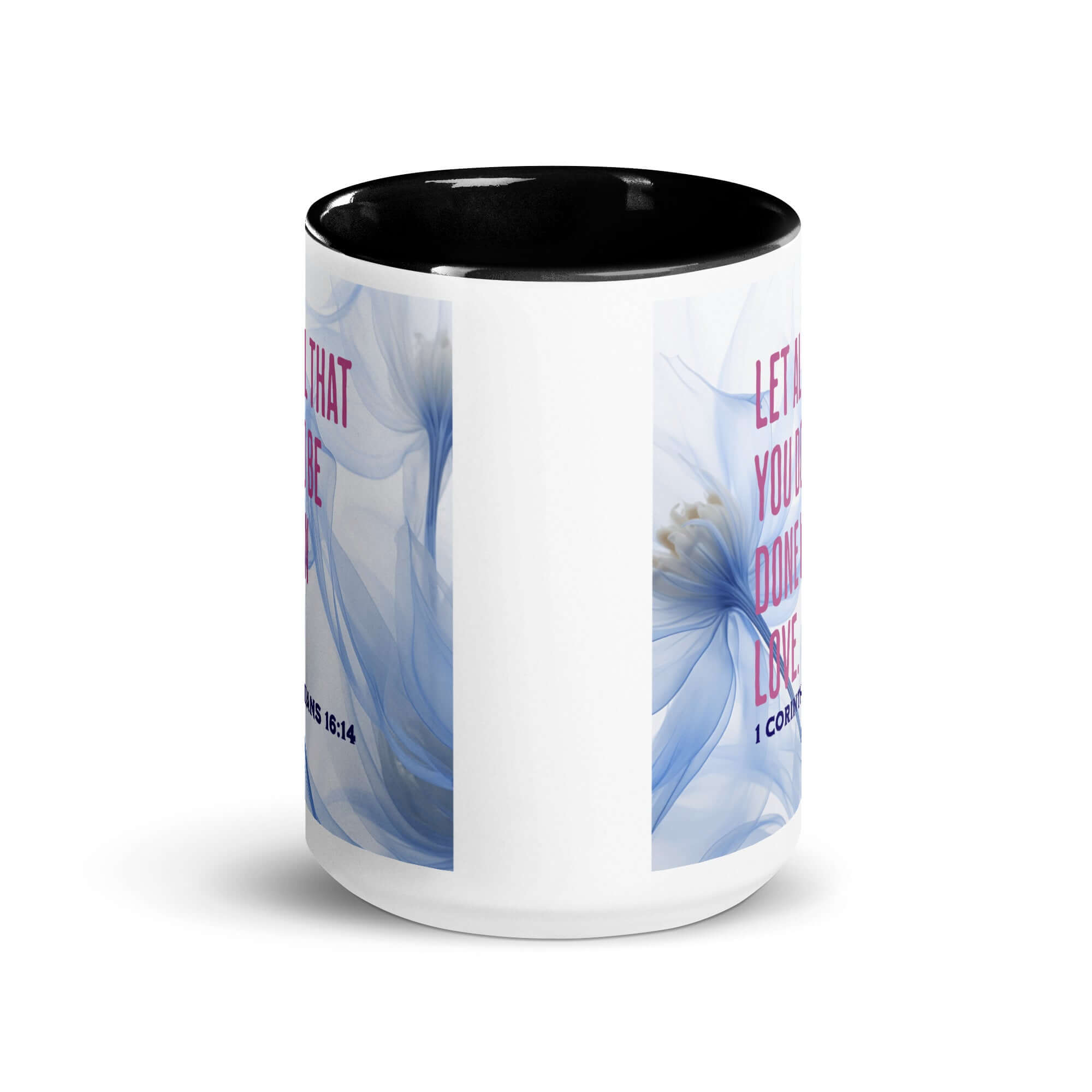 1 Corinthians 16:14 Bible Verse, Do it in Love White Ceramic Mug with Color Inside