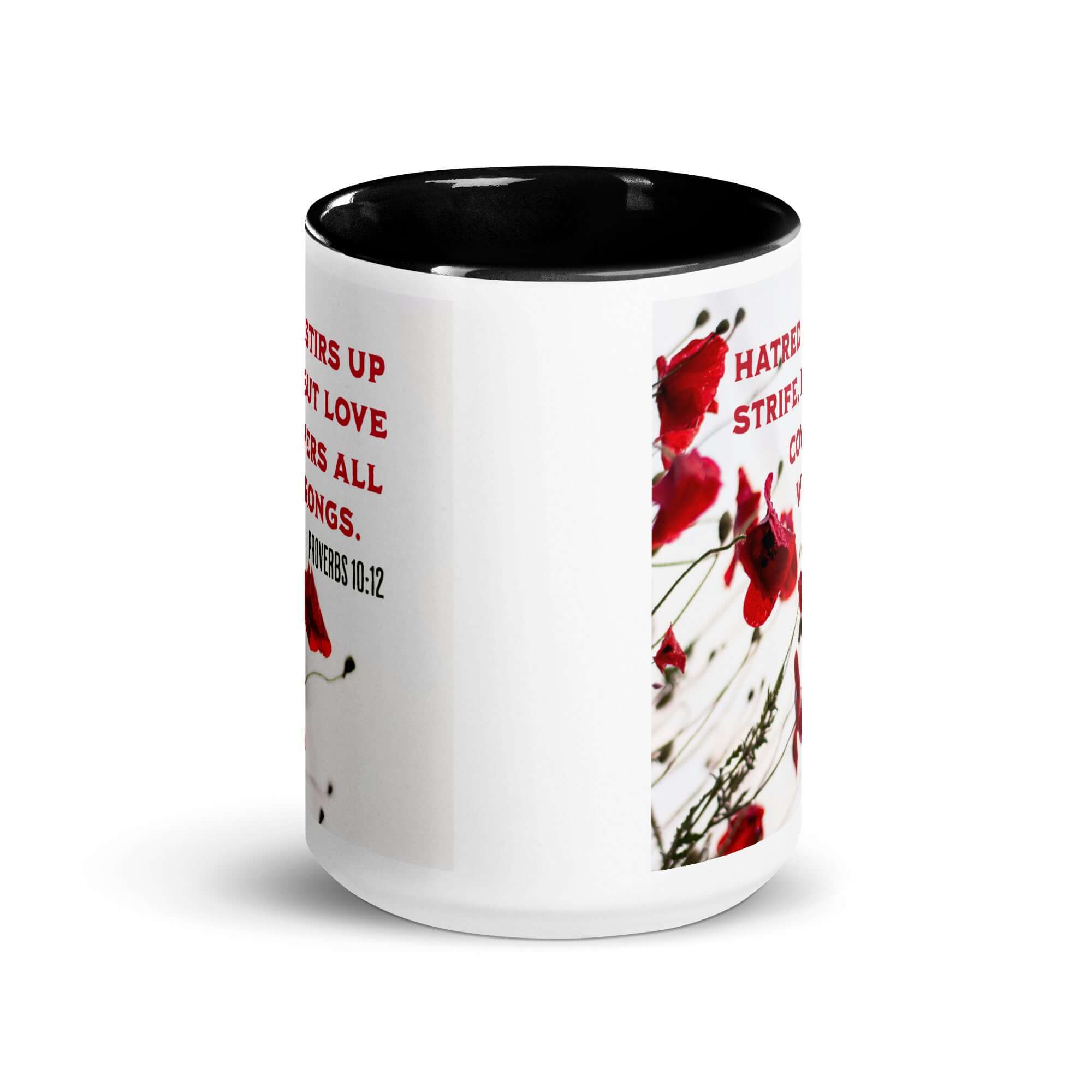 Proverbs 10:12 Bible Verse, Love Covers All White Ceramic Mug with Color Inside