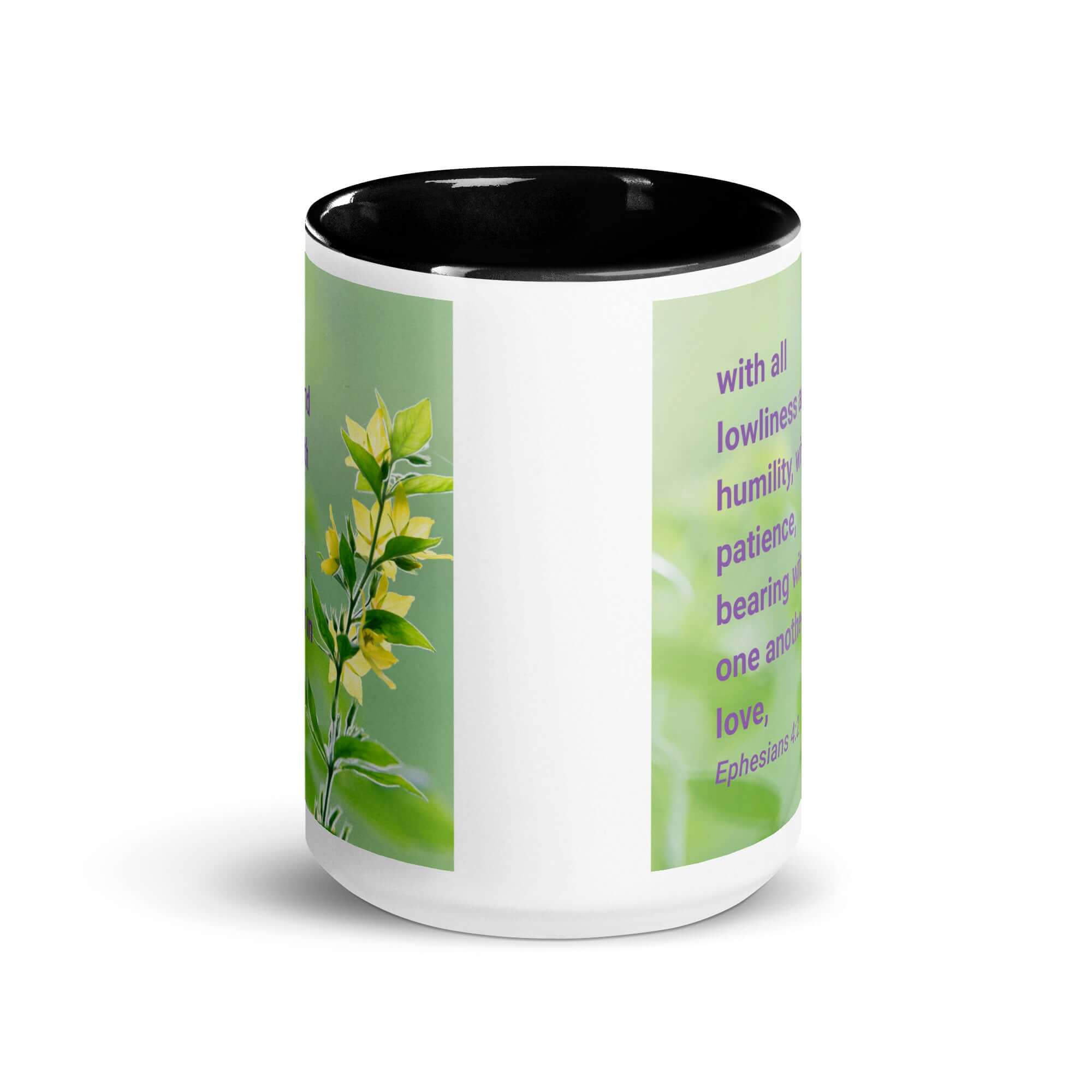 Ephesians 4:2 Bible Verse, one another in love White Ceramic Mug with Color Inside