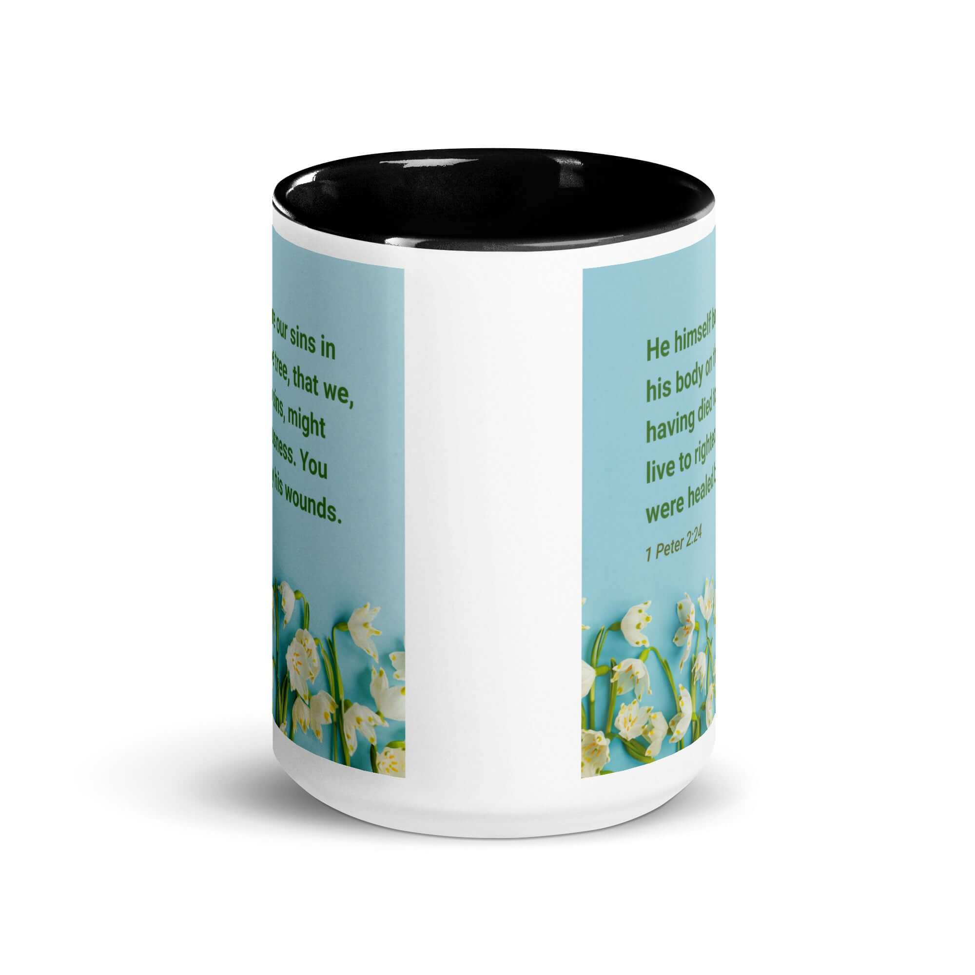 1 Peter 2:24 Bible Verse, healed by His wounds White Ceramic Mug with Color Inside