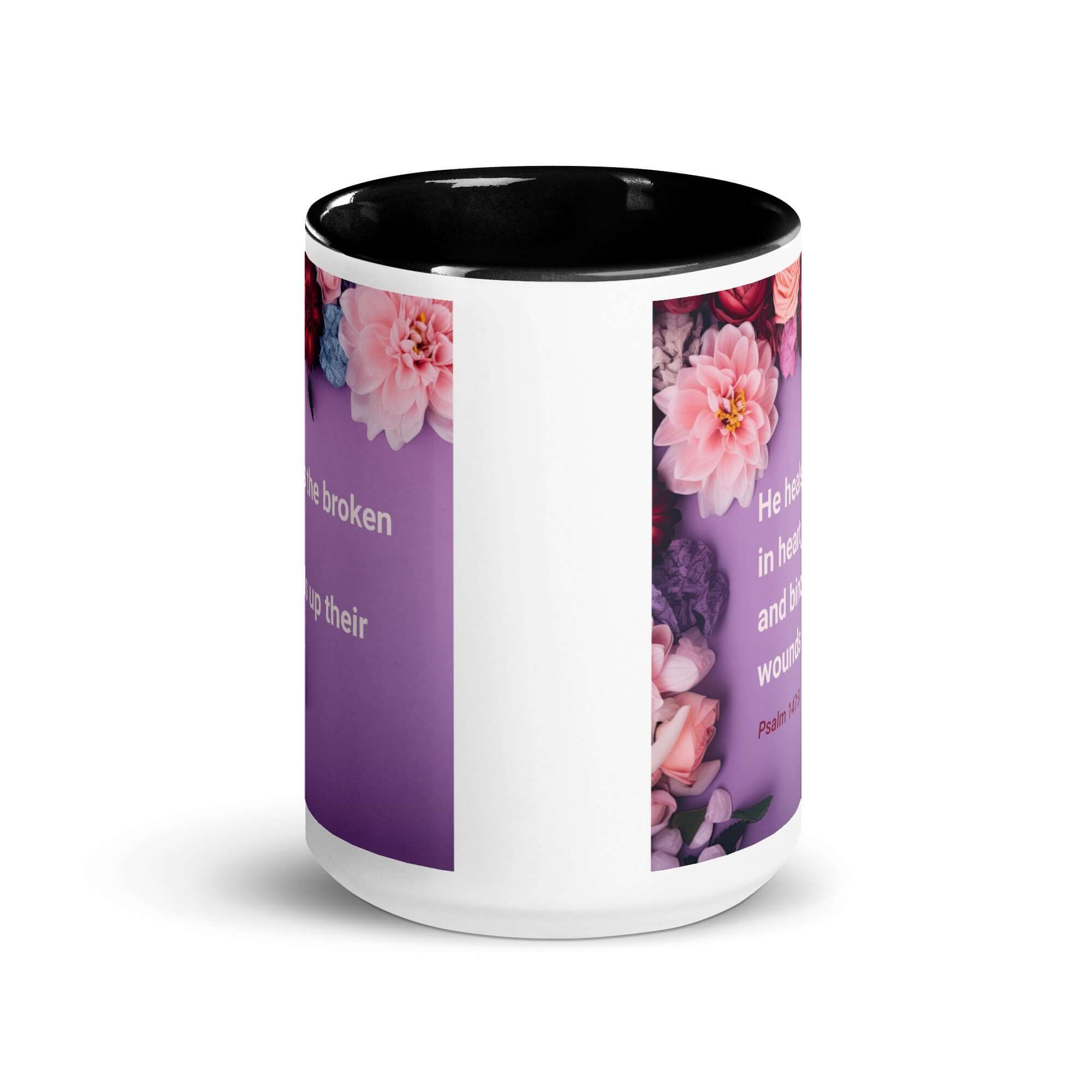 Psalm 147:3 Bible Verse, He heals the broken White Ceramic Mug with Color Inside