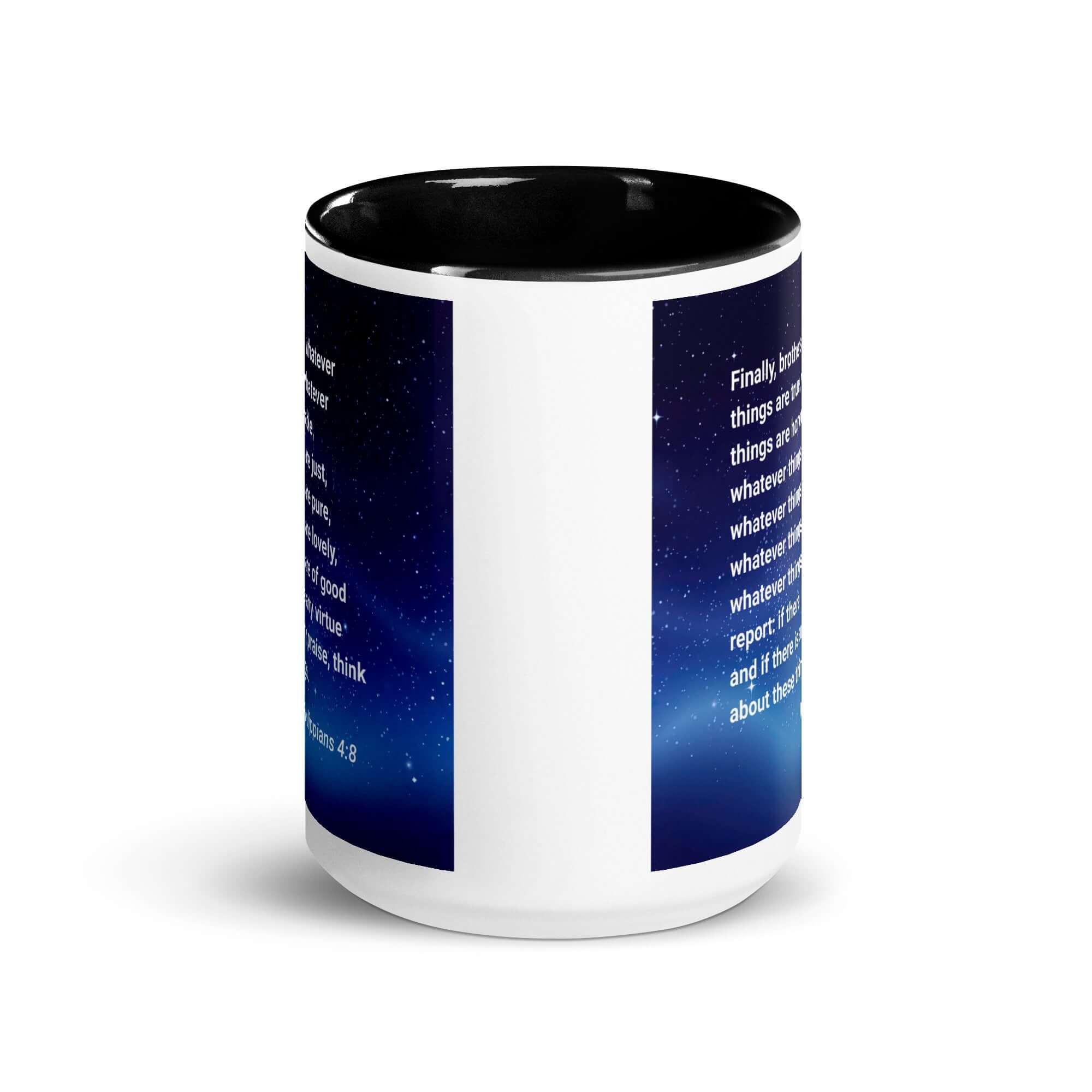 Philippians 4:8 Bible Verse, Think these things White Ceramic Mug with Color Inside