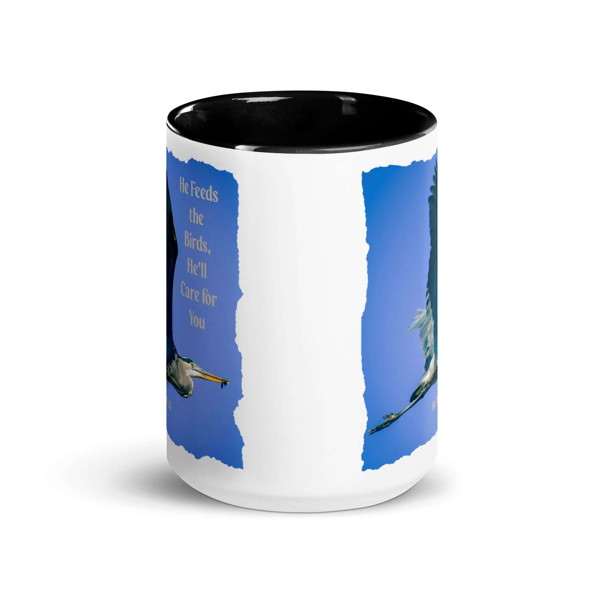 Matthew 6:26 Graceful Heron, He'll Care for You White Ceramic Mug with Color Inside