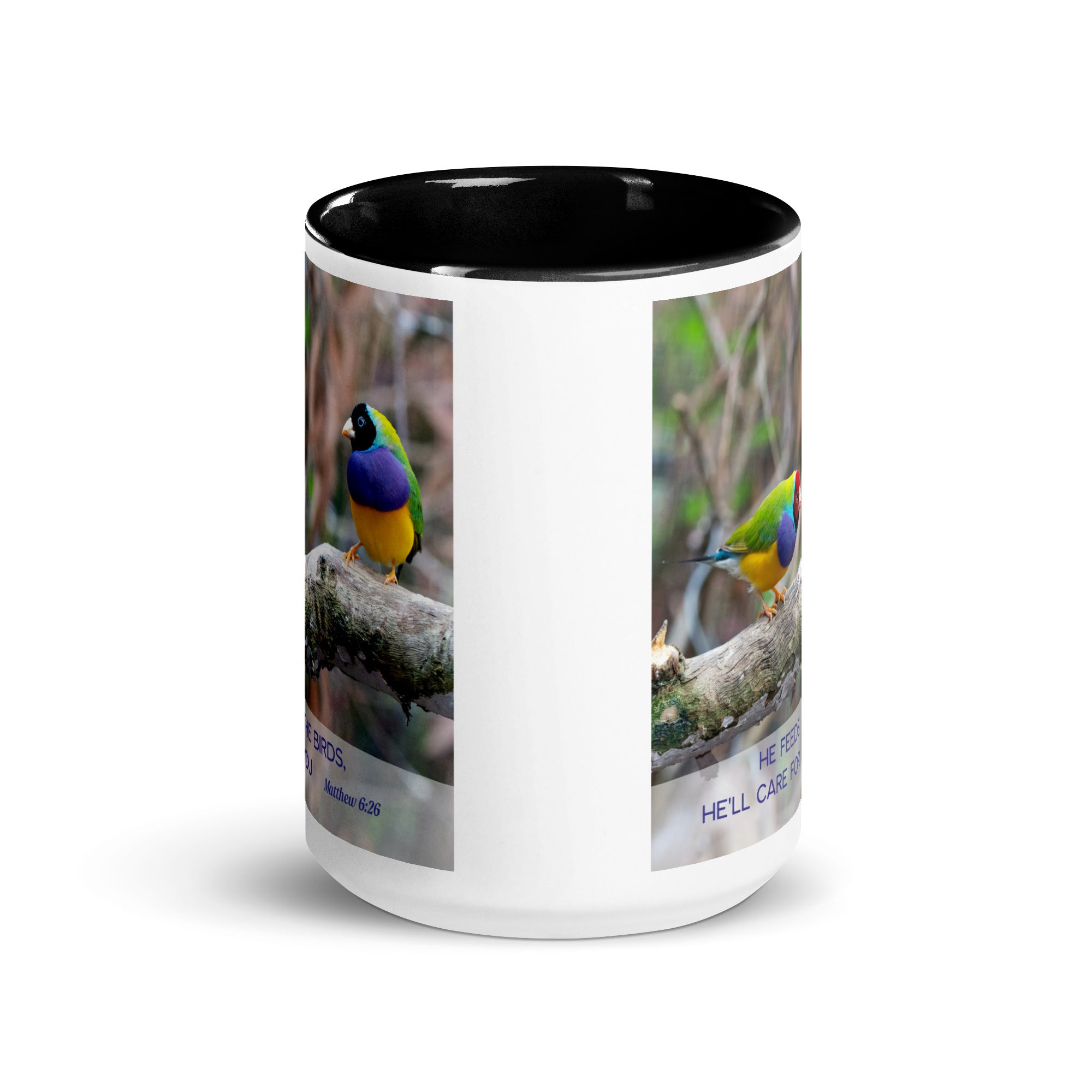 Matthew 6:26 Gouldian Finches, He'll Care for You White Ceramic Mug with Color Inside