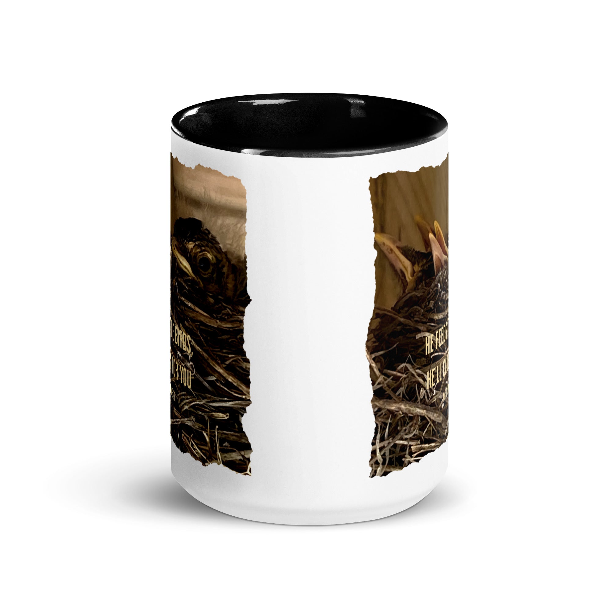 Matthew 6:26 Baby Robins, He'll Care for You White Ceramic Mug with Color Inside