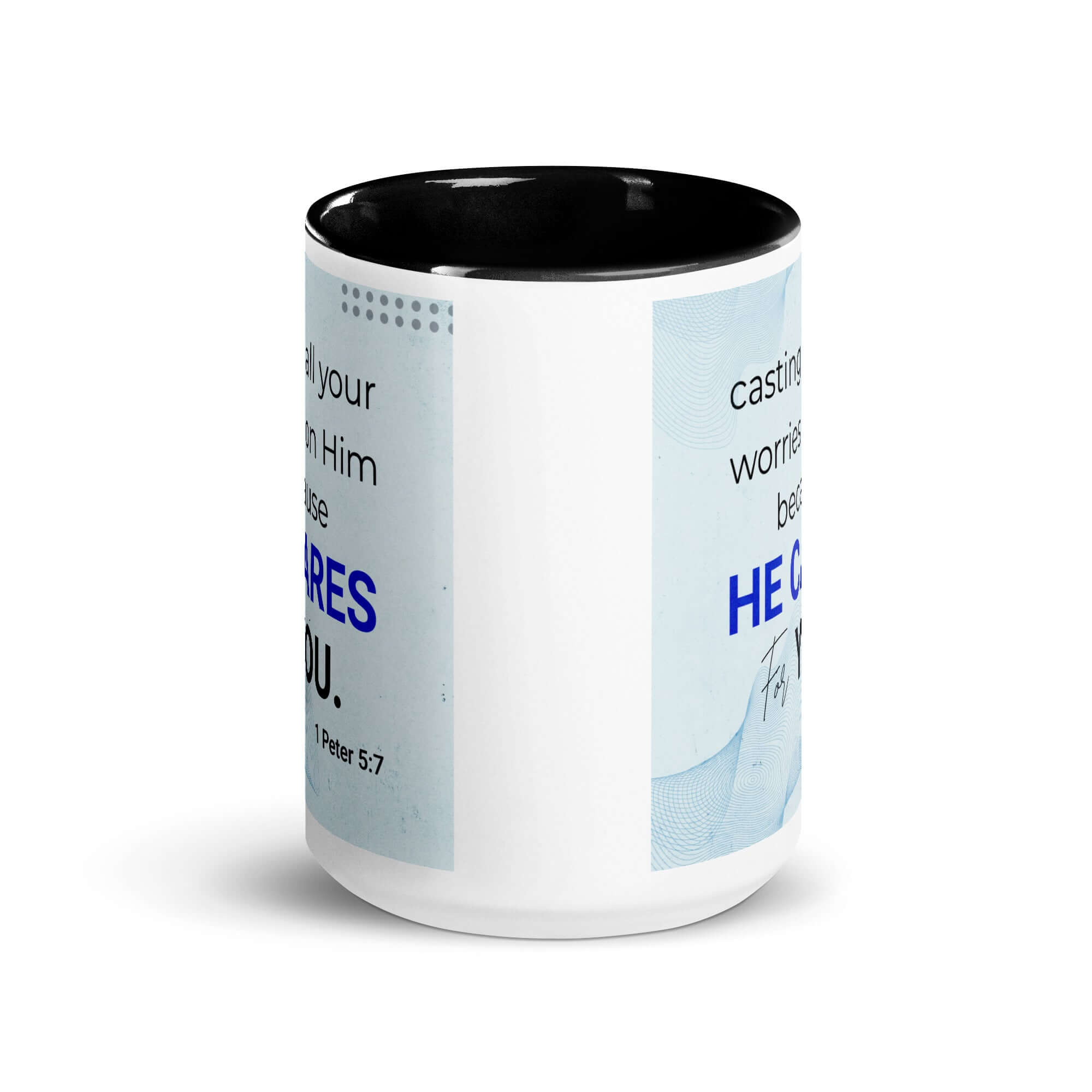 1 Peter 5:7 Bible Verse, casting all your worries on Him White Ceramic Mug with Color Inside