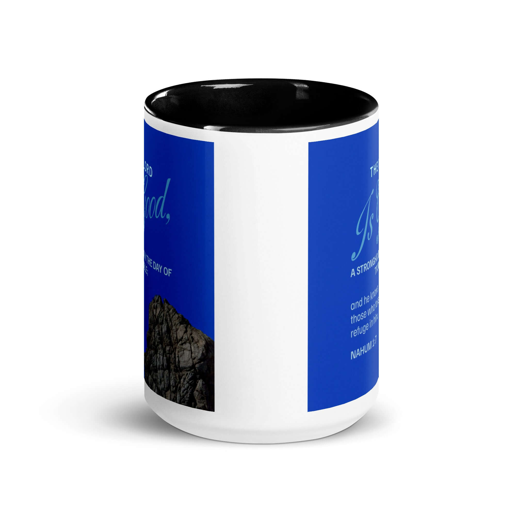 Nahum 1:7 Bible Verse, The LORD is a stronghold White Ceramic Mug with Color Inside