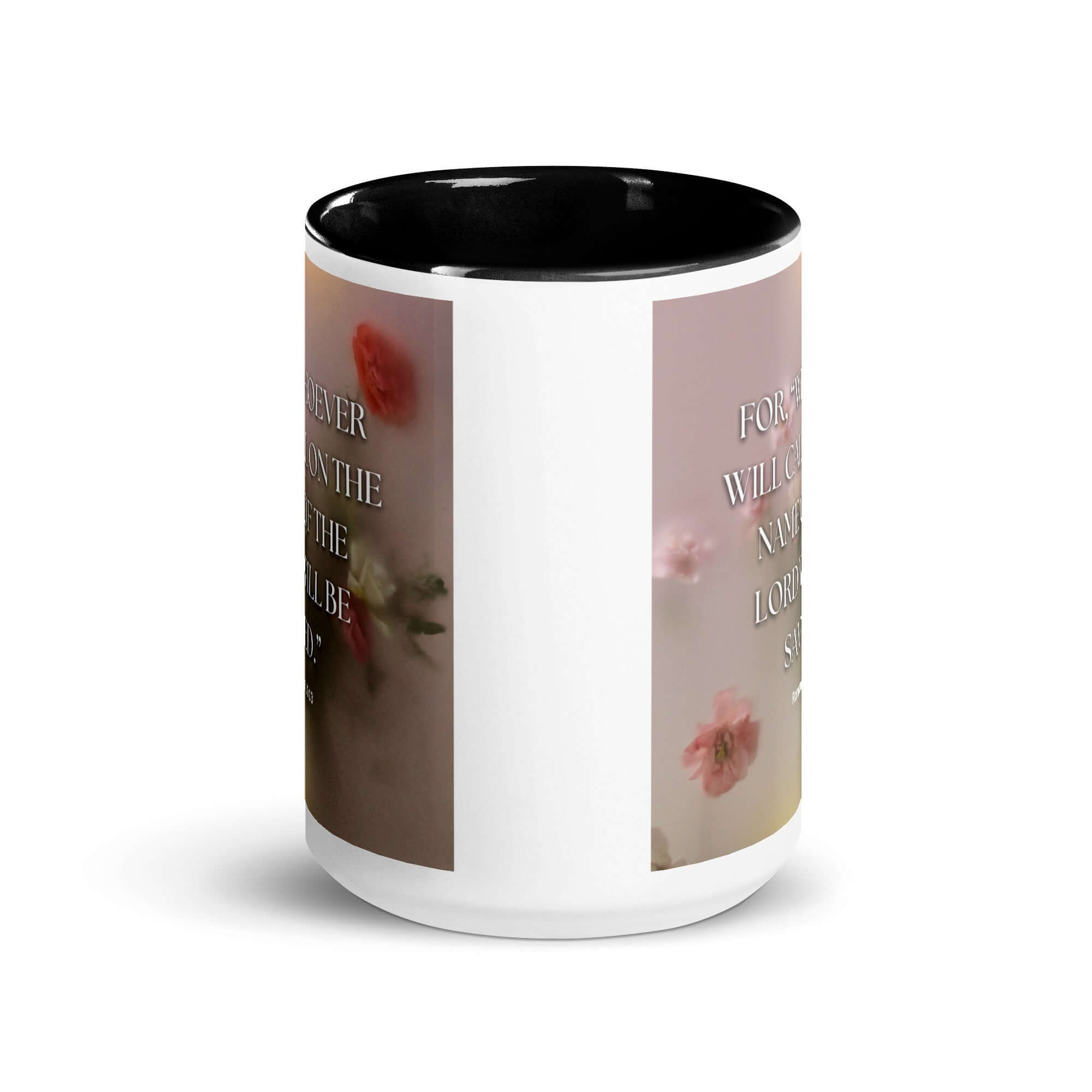 Romans 10:13 Bible Verse, will call White Ceramic Mug with Color Inside