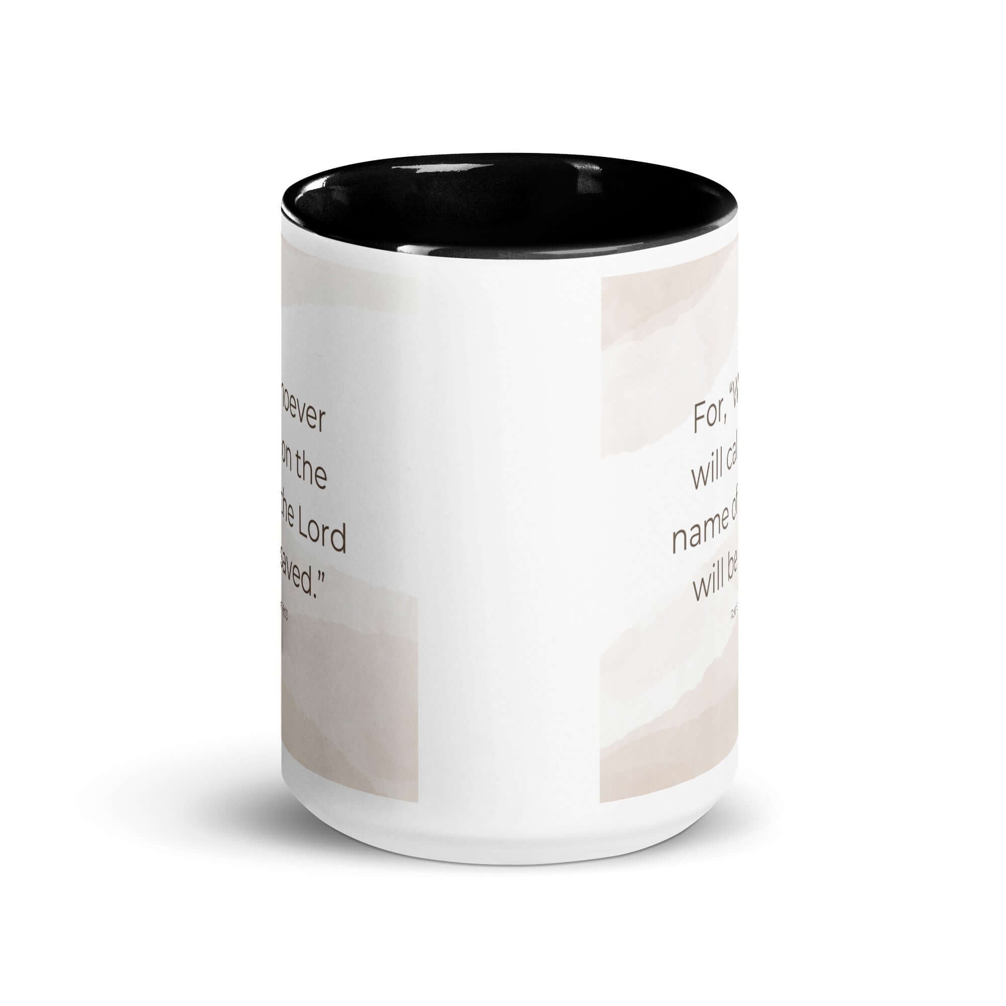 Romans 10:13 Bible Verse, the name White Ceramic Mug with Color Inside