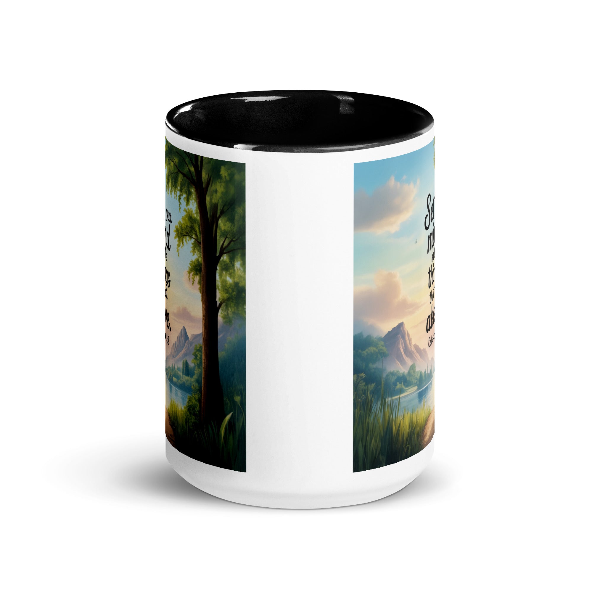 Colossians 3:2 Bible Verse Set White Ceramic Mug with Color Inside