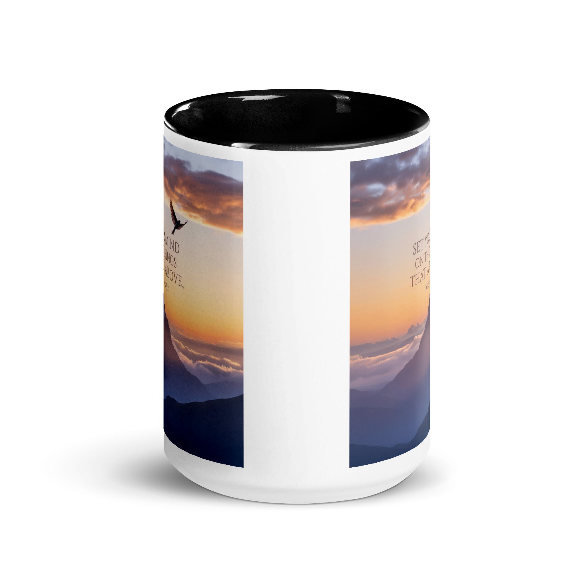 Colossians 3:2 Bible Verse are above White Ceramic Mug with Color Inside