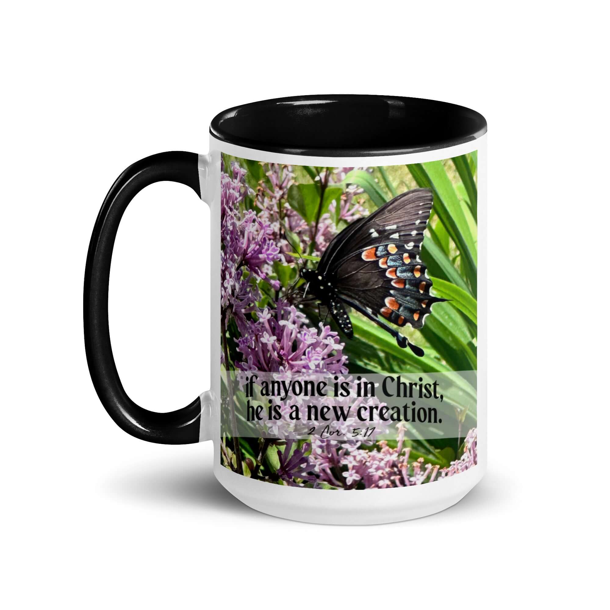 2 Corinthians 5:17 Bible Verse, Butterfly White Ceramic Mug with Color Inside