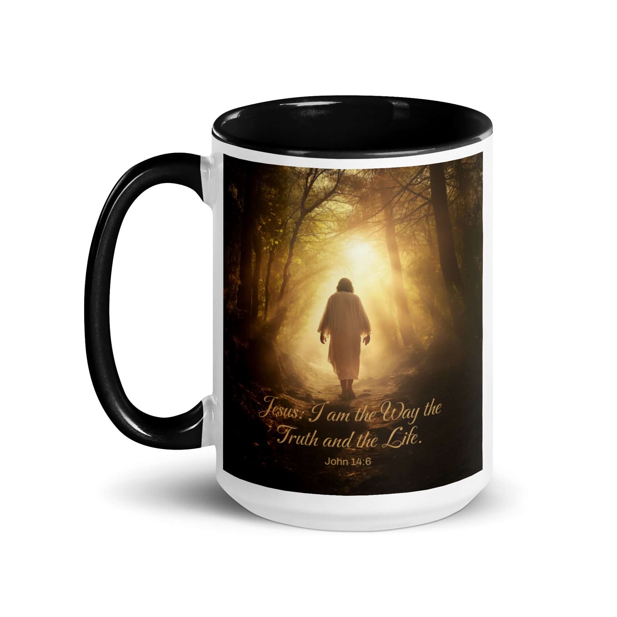 John 14:6 Bible Verse, Forest Image White Ceramic Mug with Color Inside