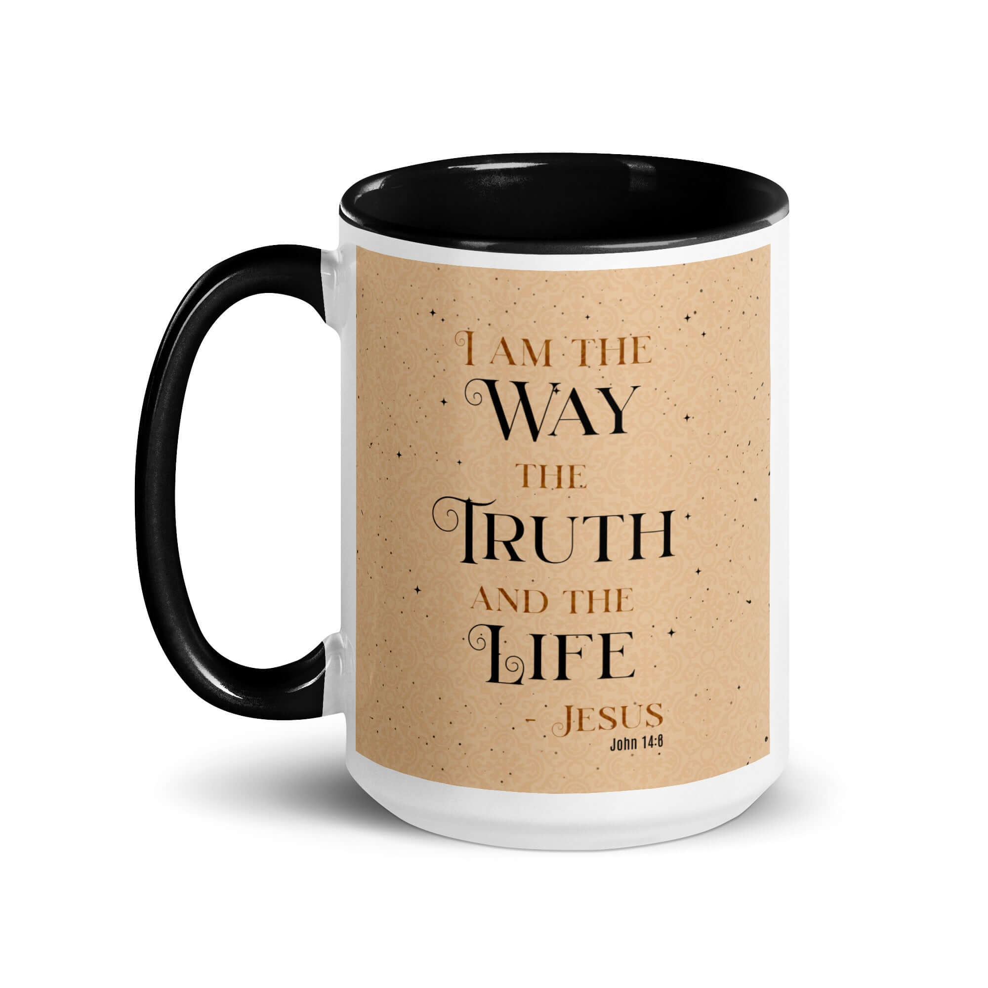 John 14:6 Bible Verse, Color Text Brown Background White Ceramic Mug with Color Inside