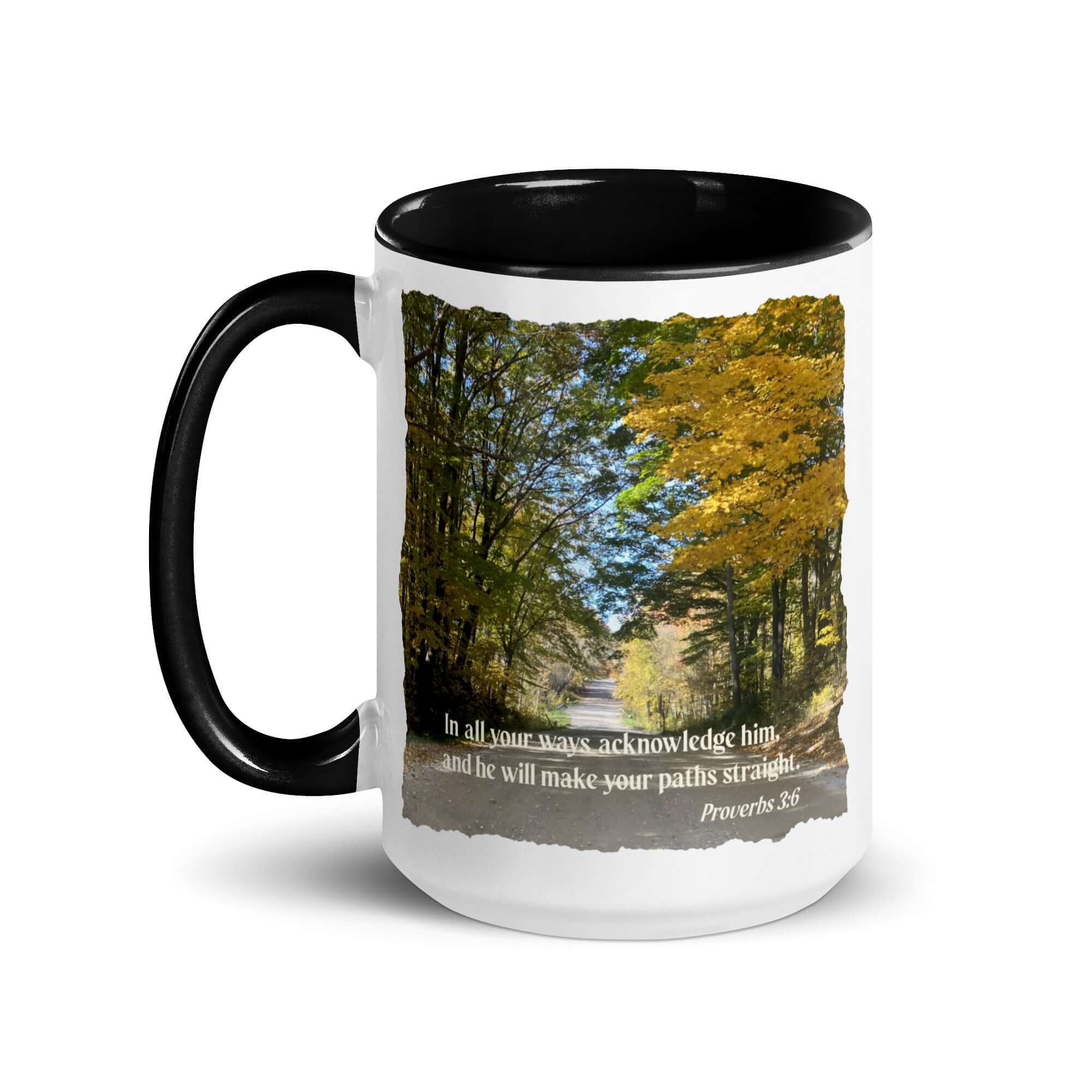 Proverbs 3:6 Bible Verse, Fall Road White Ceramic Mug with Color Inside