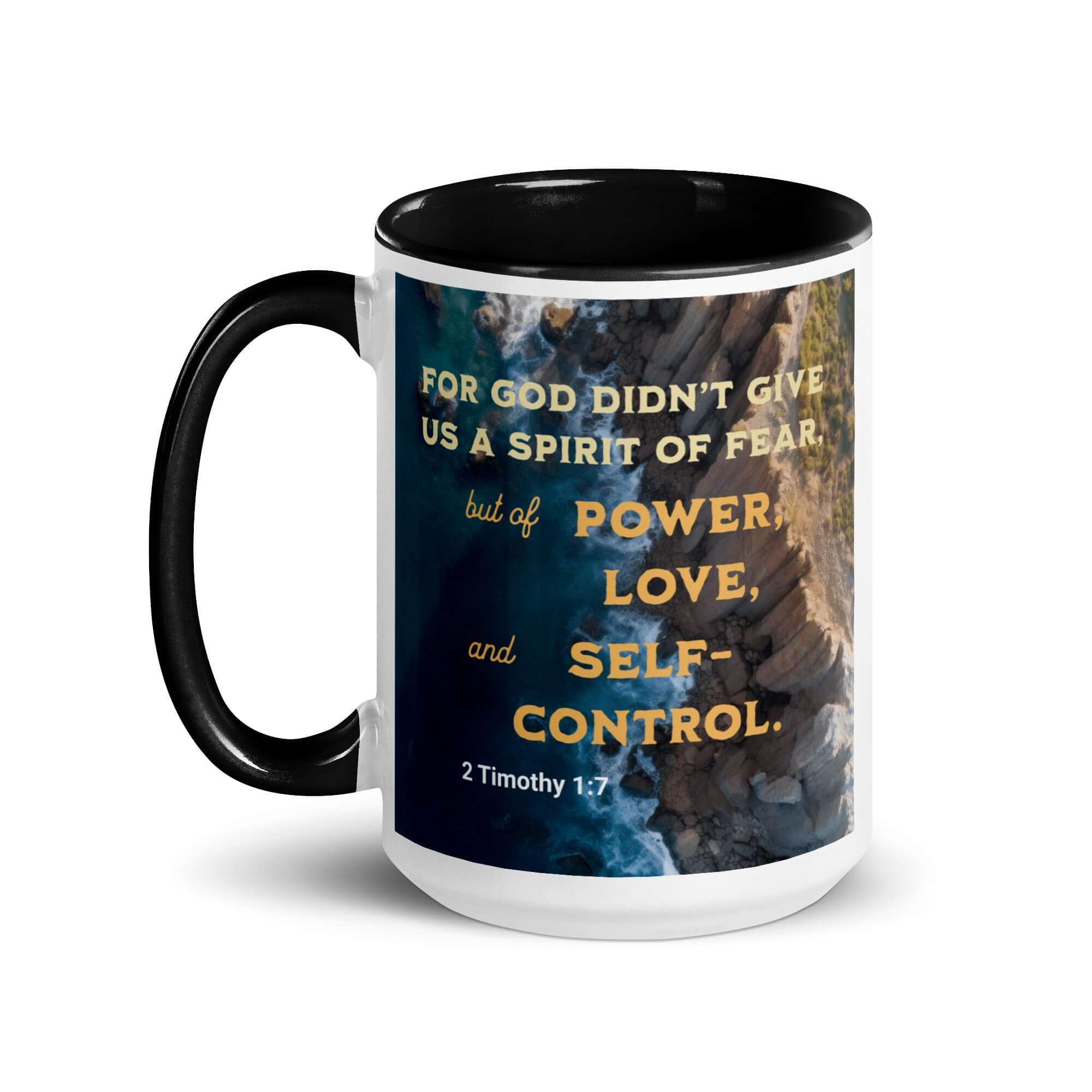 2 Timothy 1:7 Bible Verse, Power, Love, Self-Control White Ceramic Mug with Color Inside