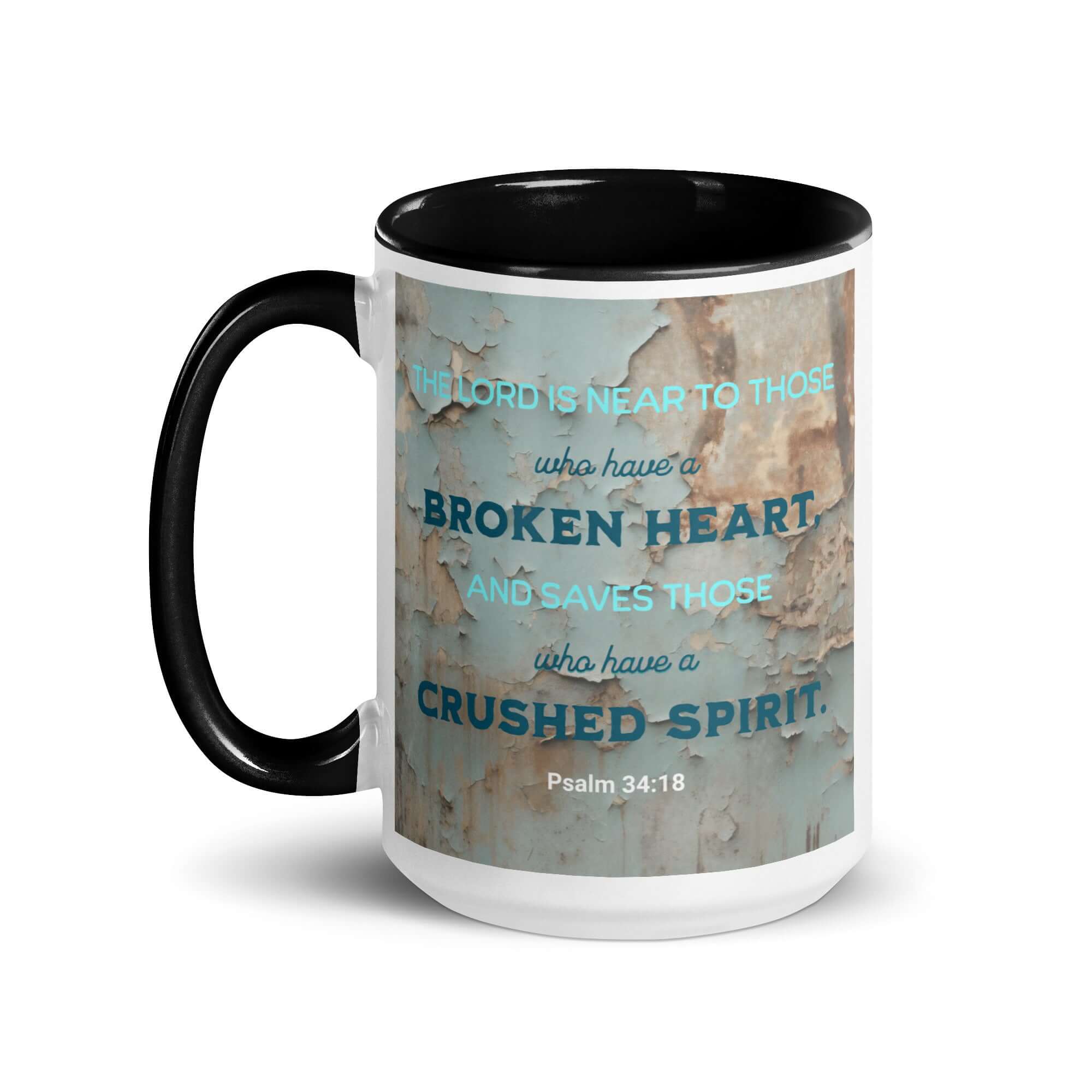 Psalm 34:18 Bible Verse, The LORD is Near White Ceramic Mug with Color Inside