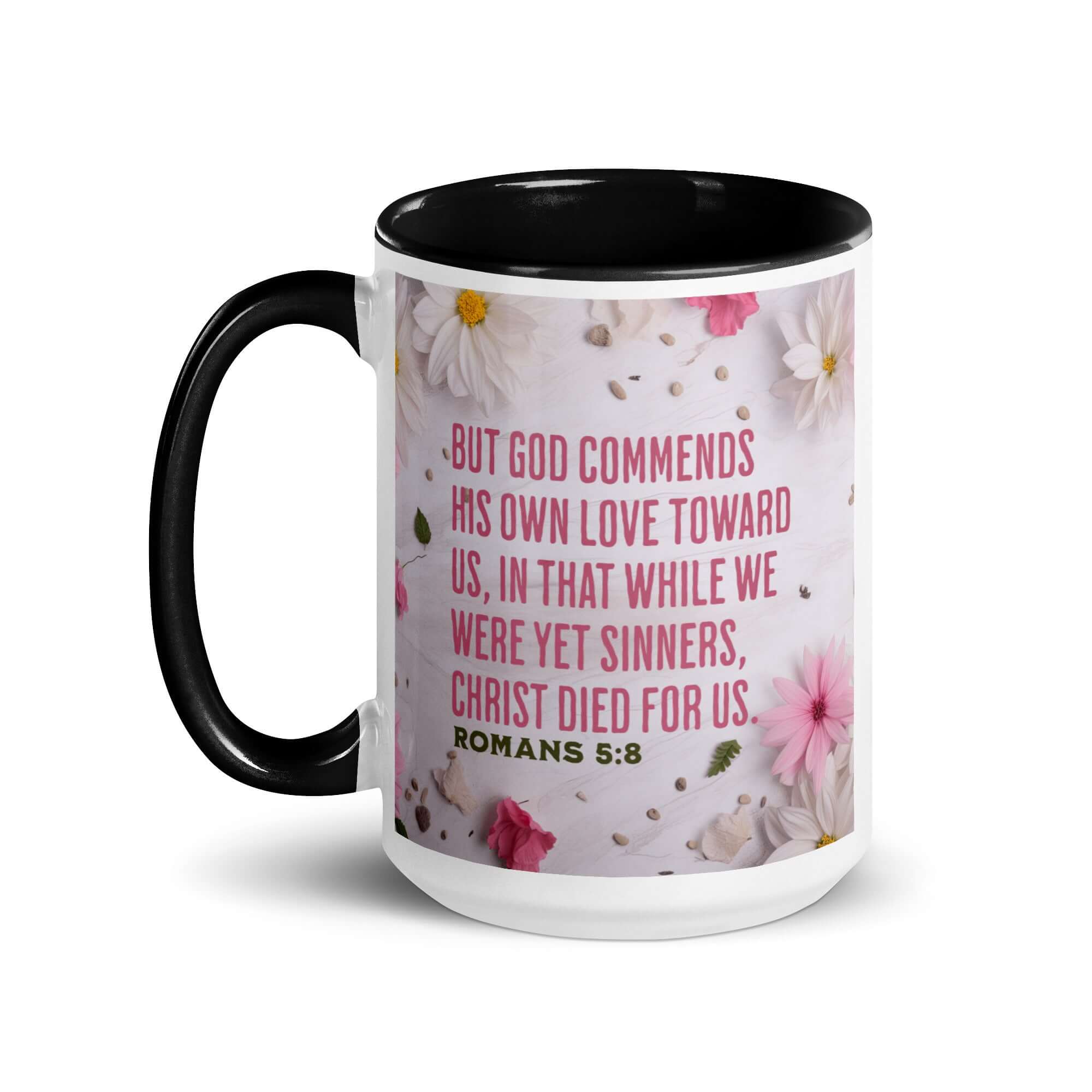 Romans 5:8 Bible Verse, Christ Died for Us White Ceramic Mug with Color Inside