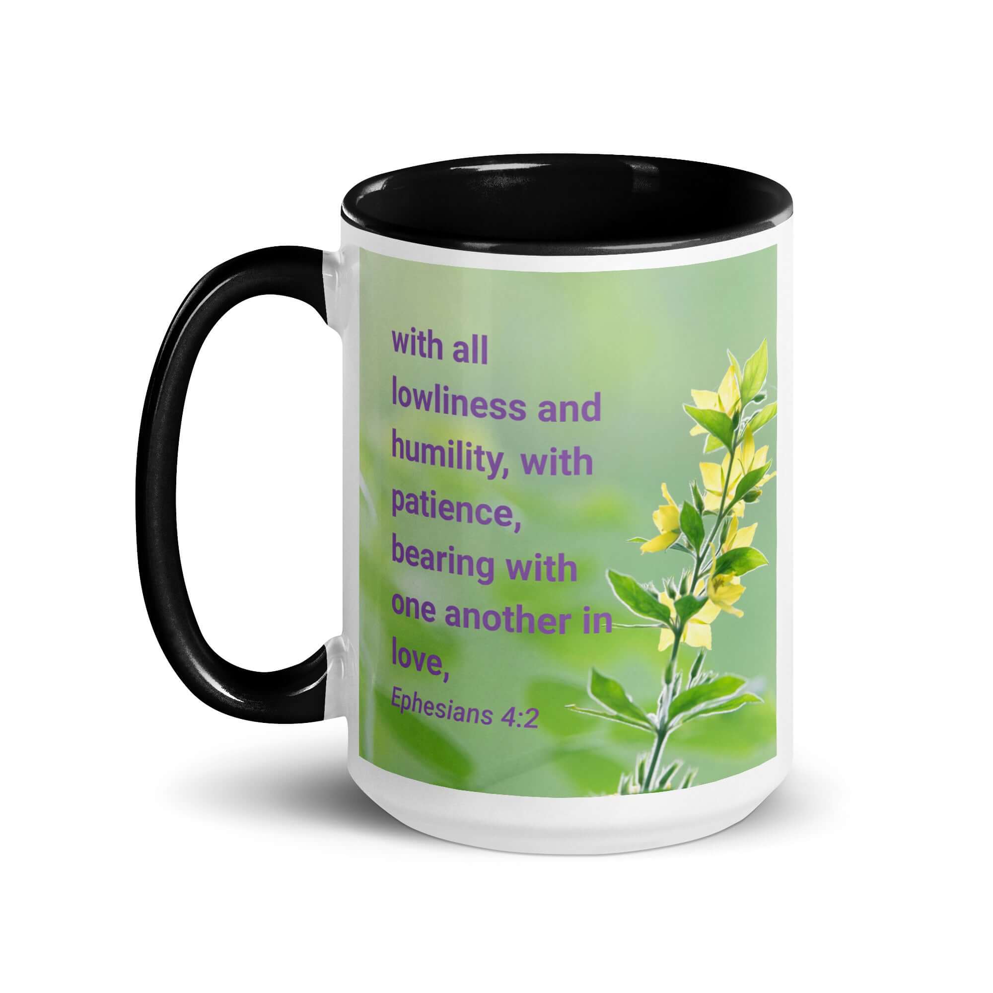 Ephesians 4:2 Bible Verse, one another in love White Ceramic Mug with Color Inside