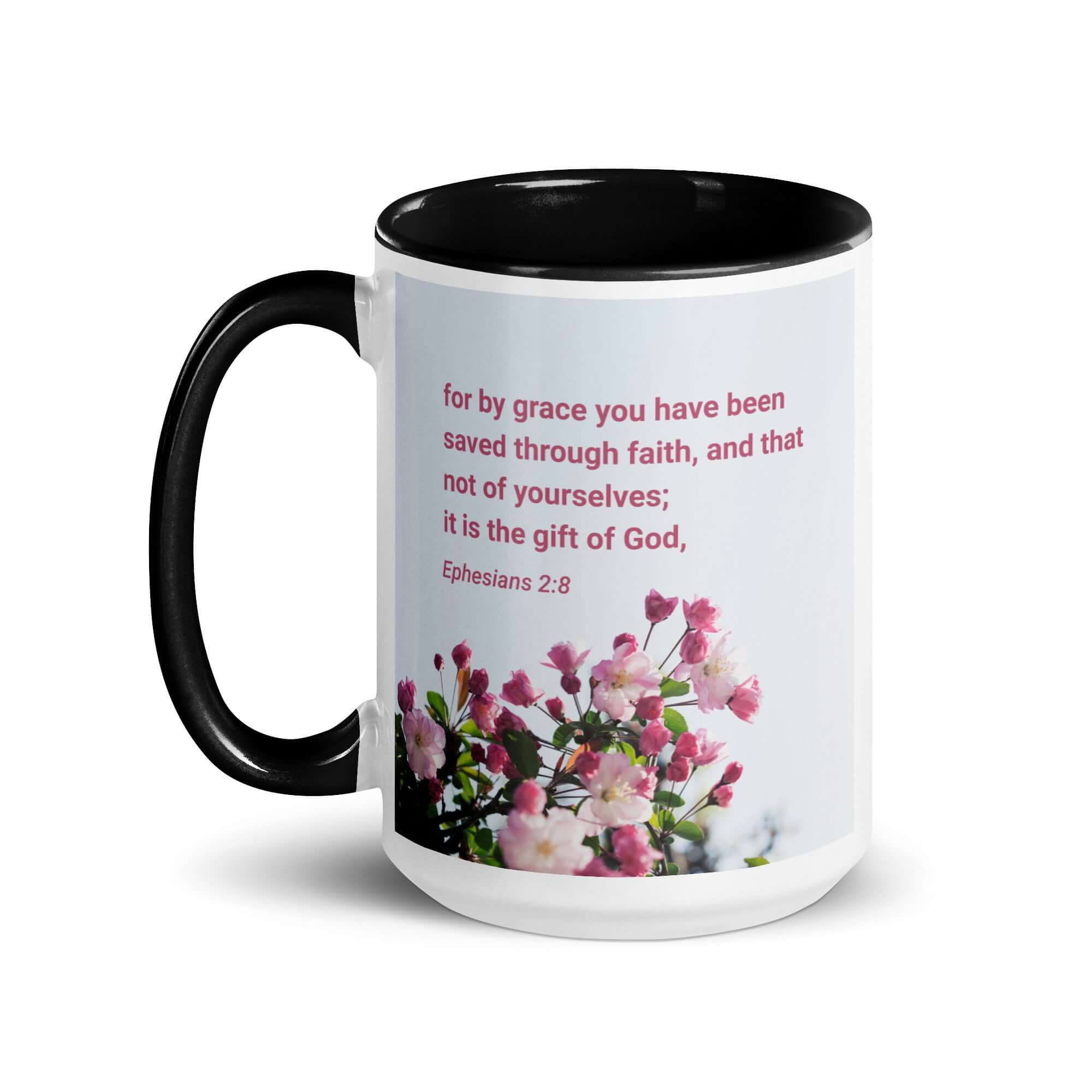 Ephesians 2:8 Bible Verse, saved through faith White Ceramic Mug with Color Inside