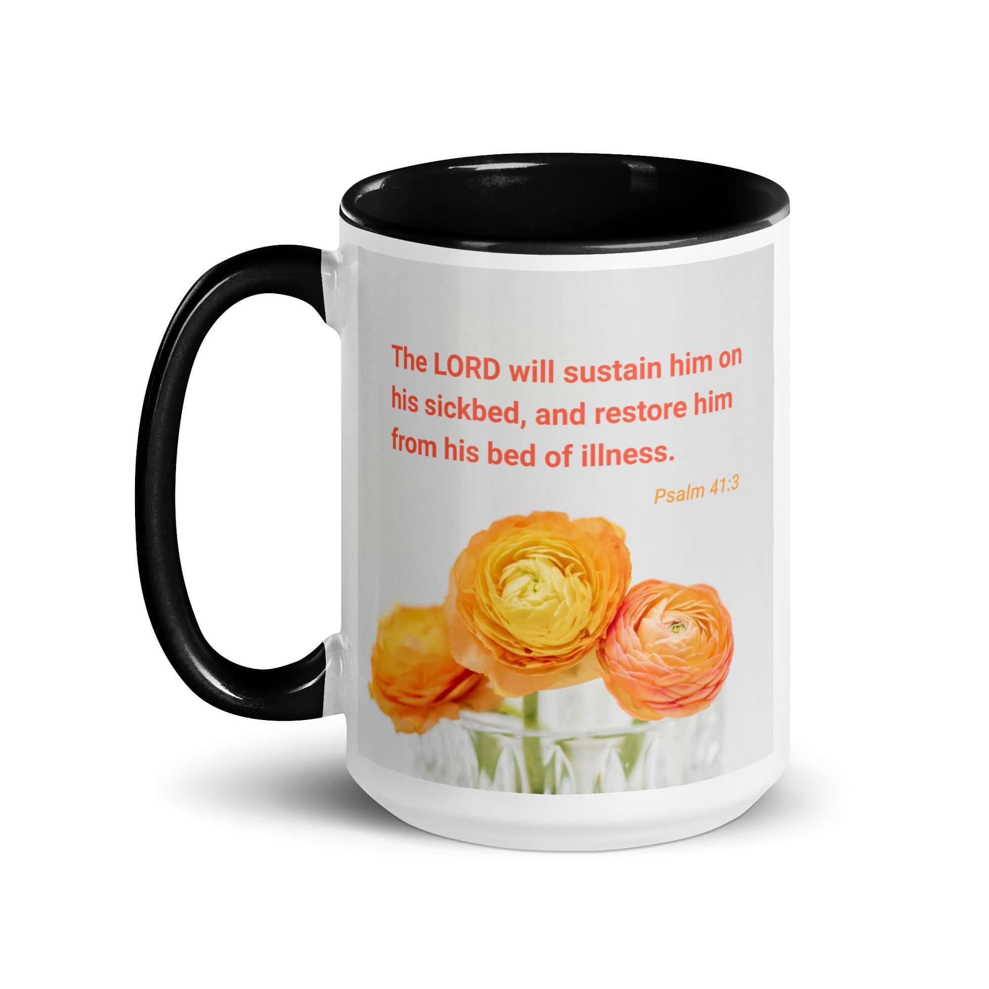 Psalm 41:3 Bible Verse, LORD will sustain White Ceramic Mug with Color Inside