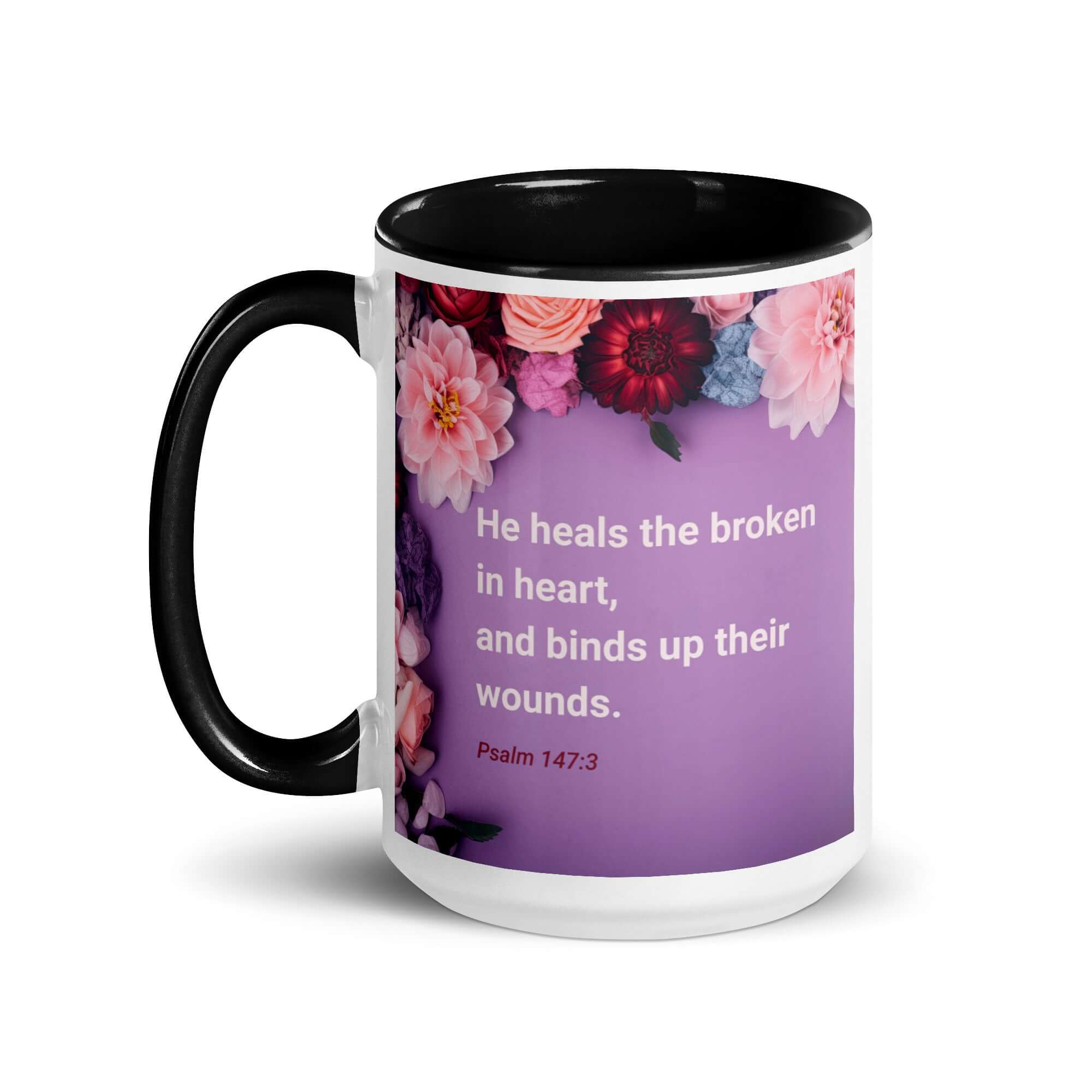 Psalm 147:3 Bible Verse, He heals the broken White Ceramic Mug with Color Inside