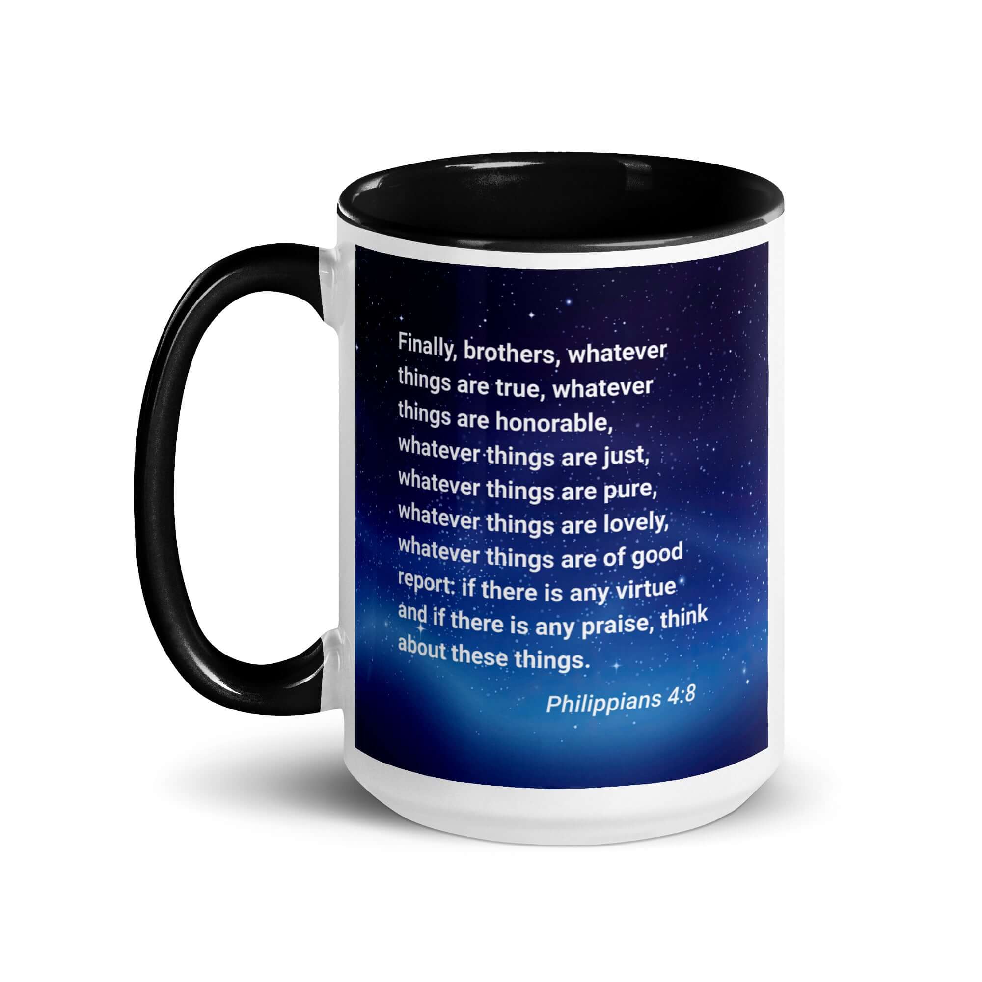 Philippians 4:8 Bible Verse, Think these things White Ceramic Mug with Color Inside