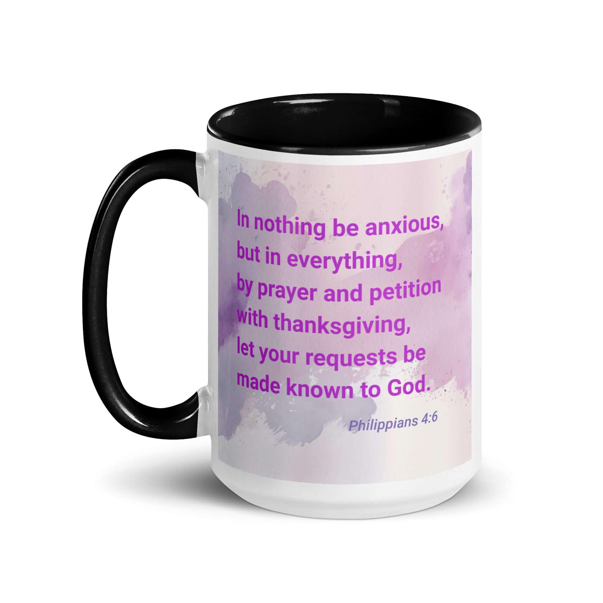 Philippians 4:6 Bible Verse, Prayer and Petition White Ceramic Mug with Color Inside